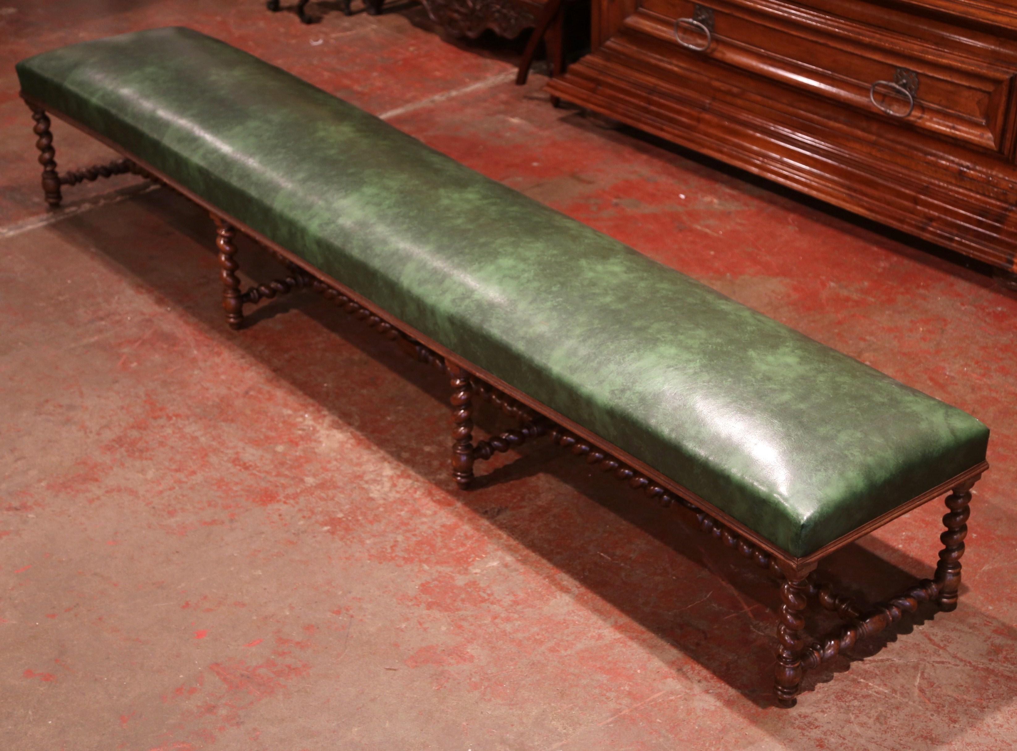 Louis XIII 19th Century French Carved Walnut and Leather Eight-Leg Barley Twist Bench