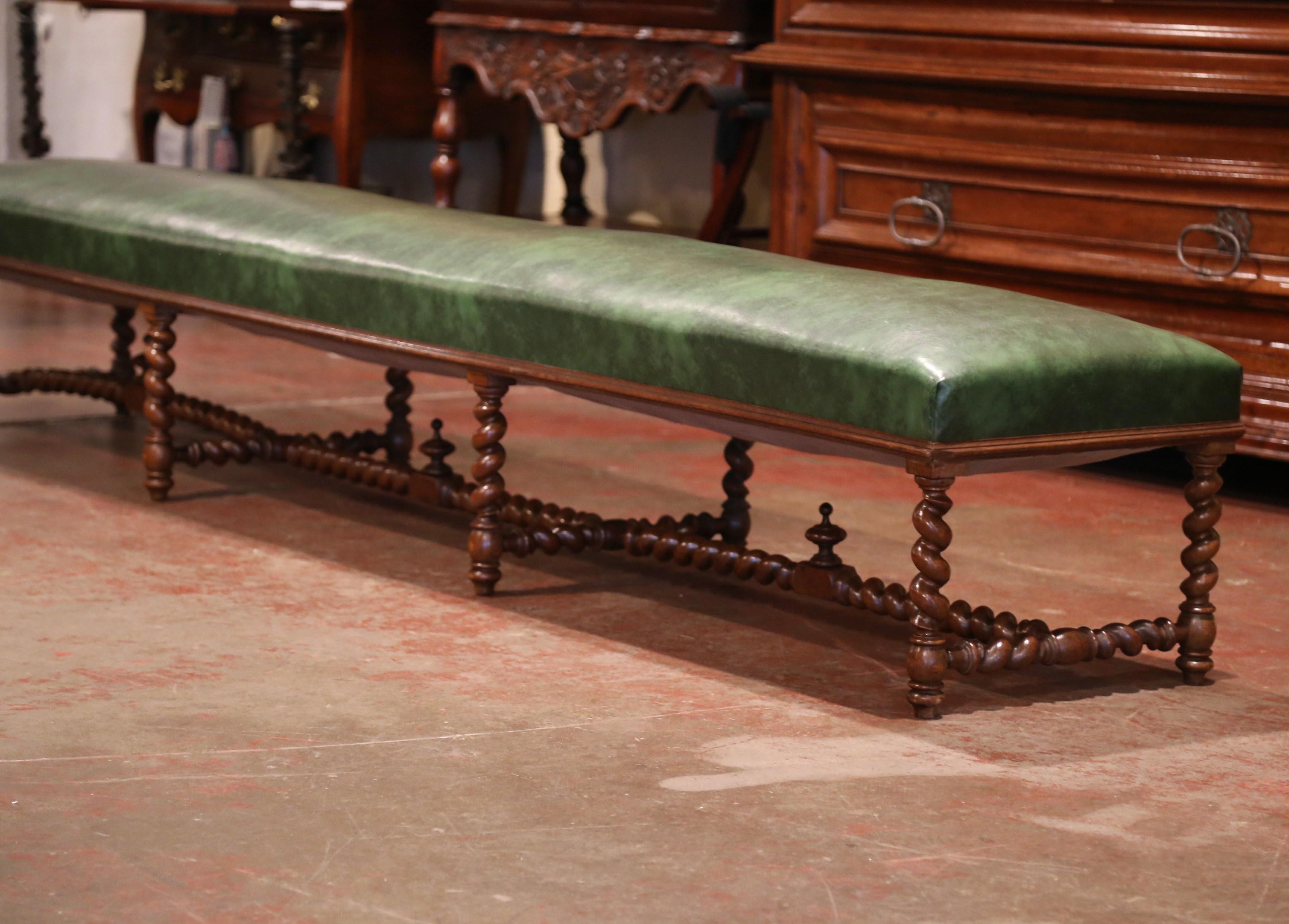 Hand-Carved 19th Century French Carved Walnut and Leather Eight-Leg Barley Twist Bench