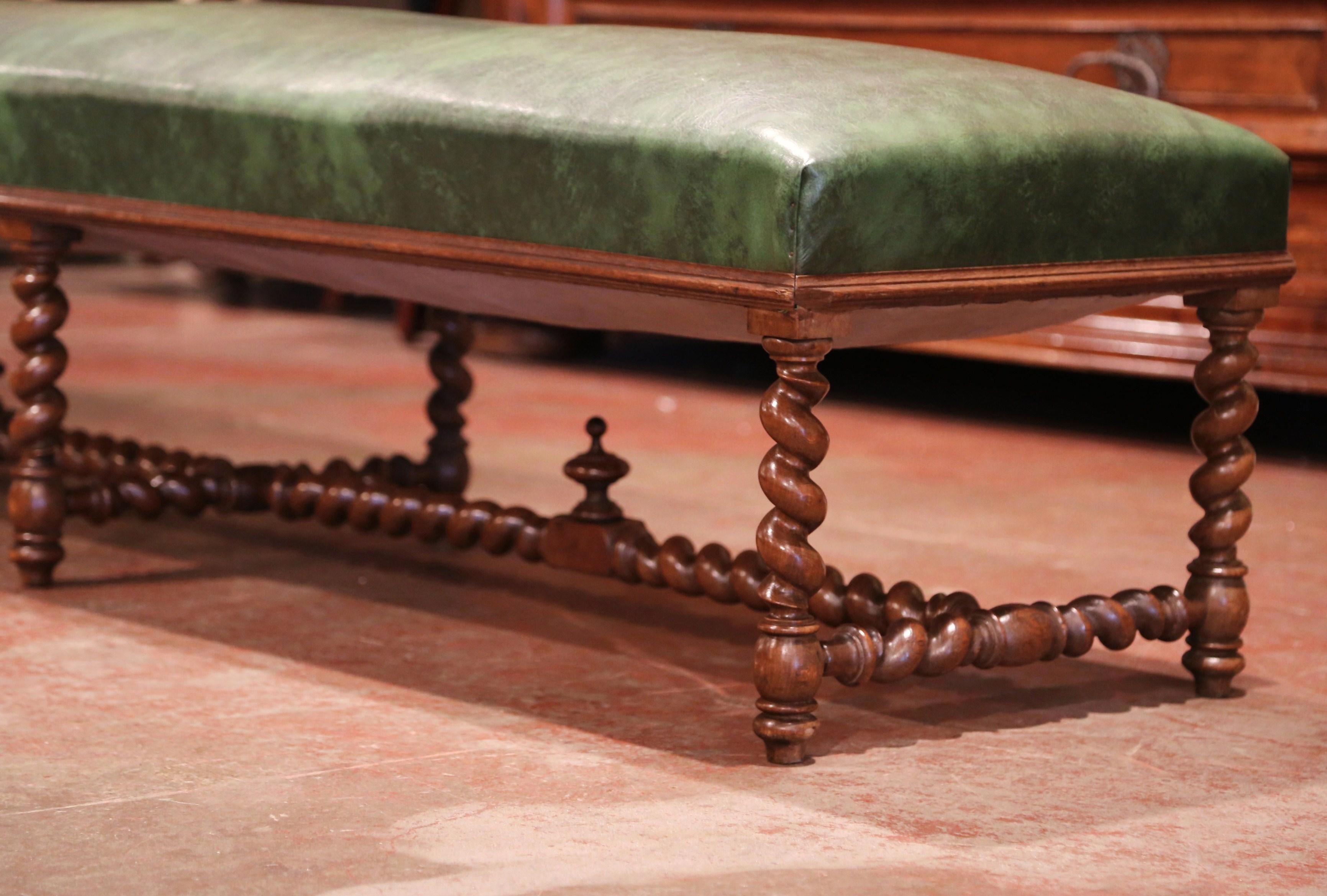 19th Century French Carved Walnut and Leather Eight-Leg Barley Twist Bench 1