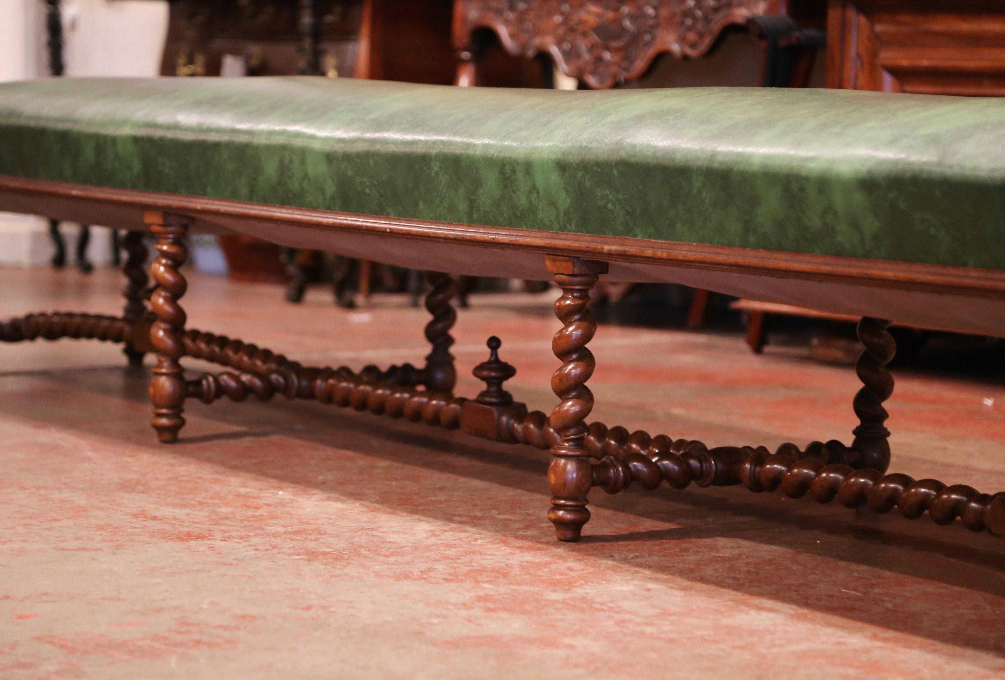 19th Century French Carved Walnut and Leather Eight-Leg Barley Twist Bench 2