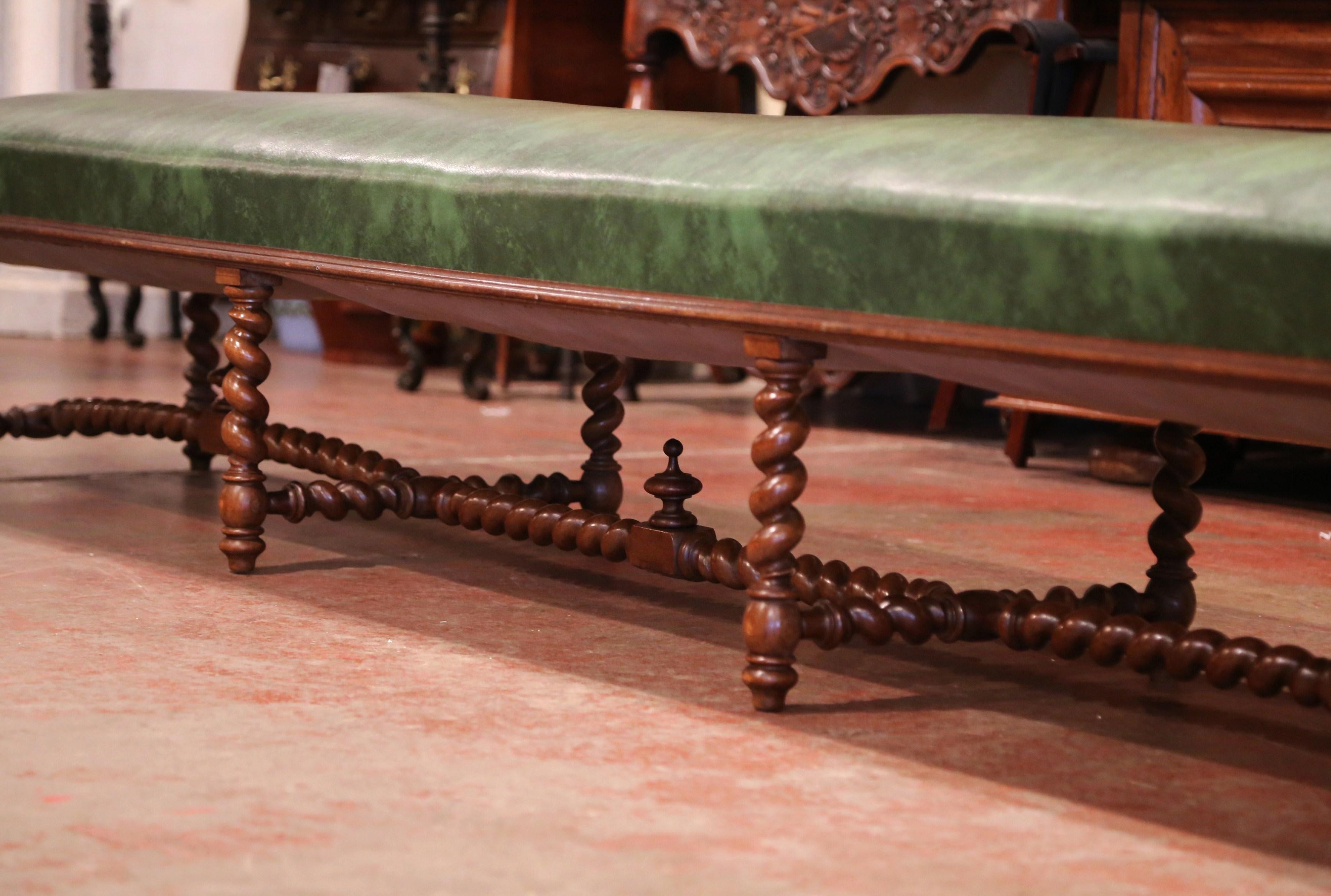 19th Century French Carved Walnut and Leather Eight-Leg Barley Twist Bench 3