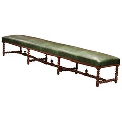 Antique 19th Century French Carved Walnut and Leather Eight-Leg Barley Twist Bench