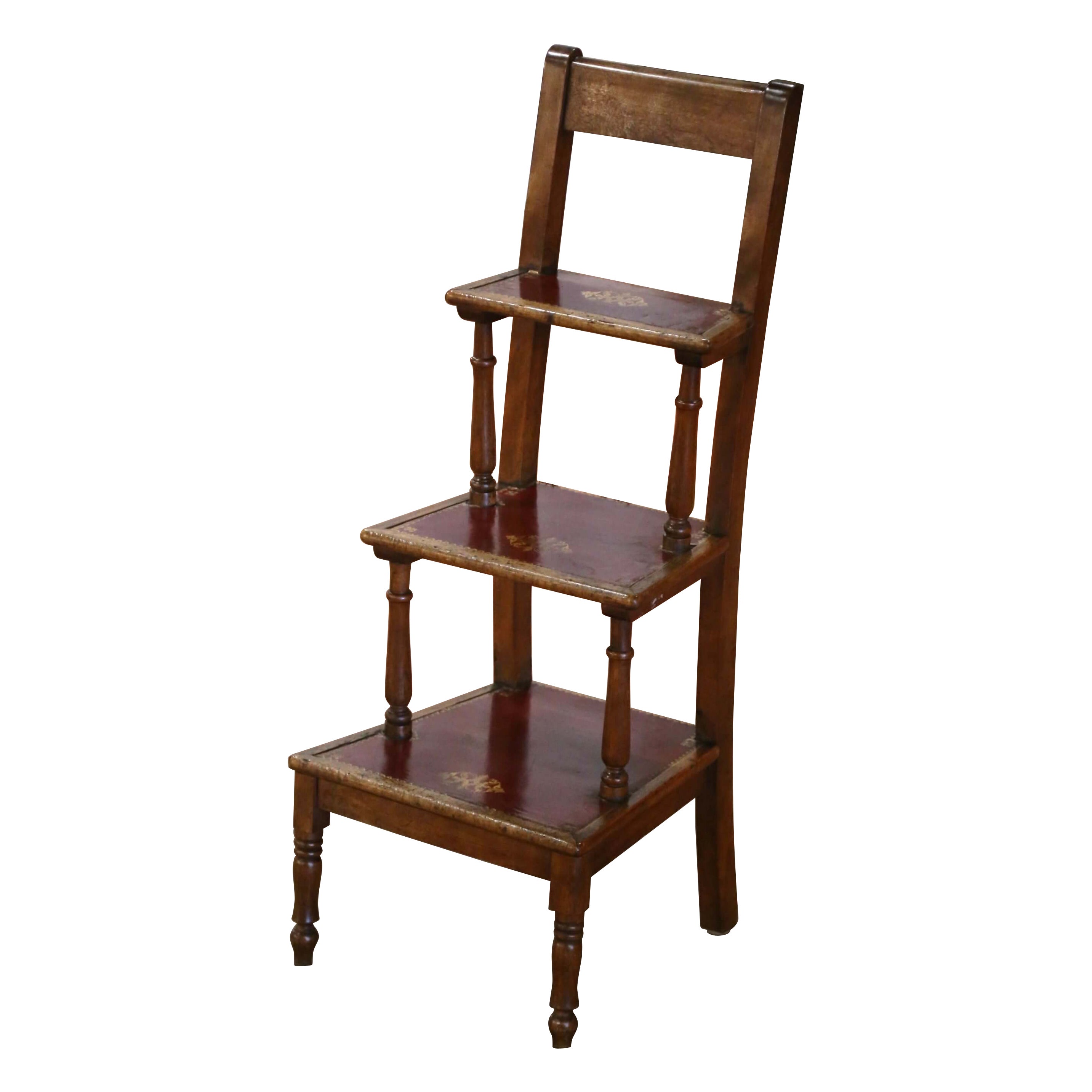 19th Century French Carved Walnut and Red Leather Three-Step Library Ladder