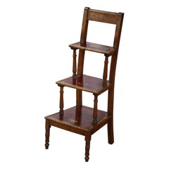 19th Century French Carved Walnut and Red Leather Three-Step Library Ladder