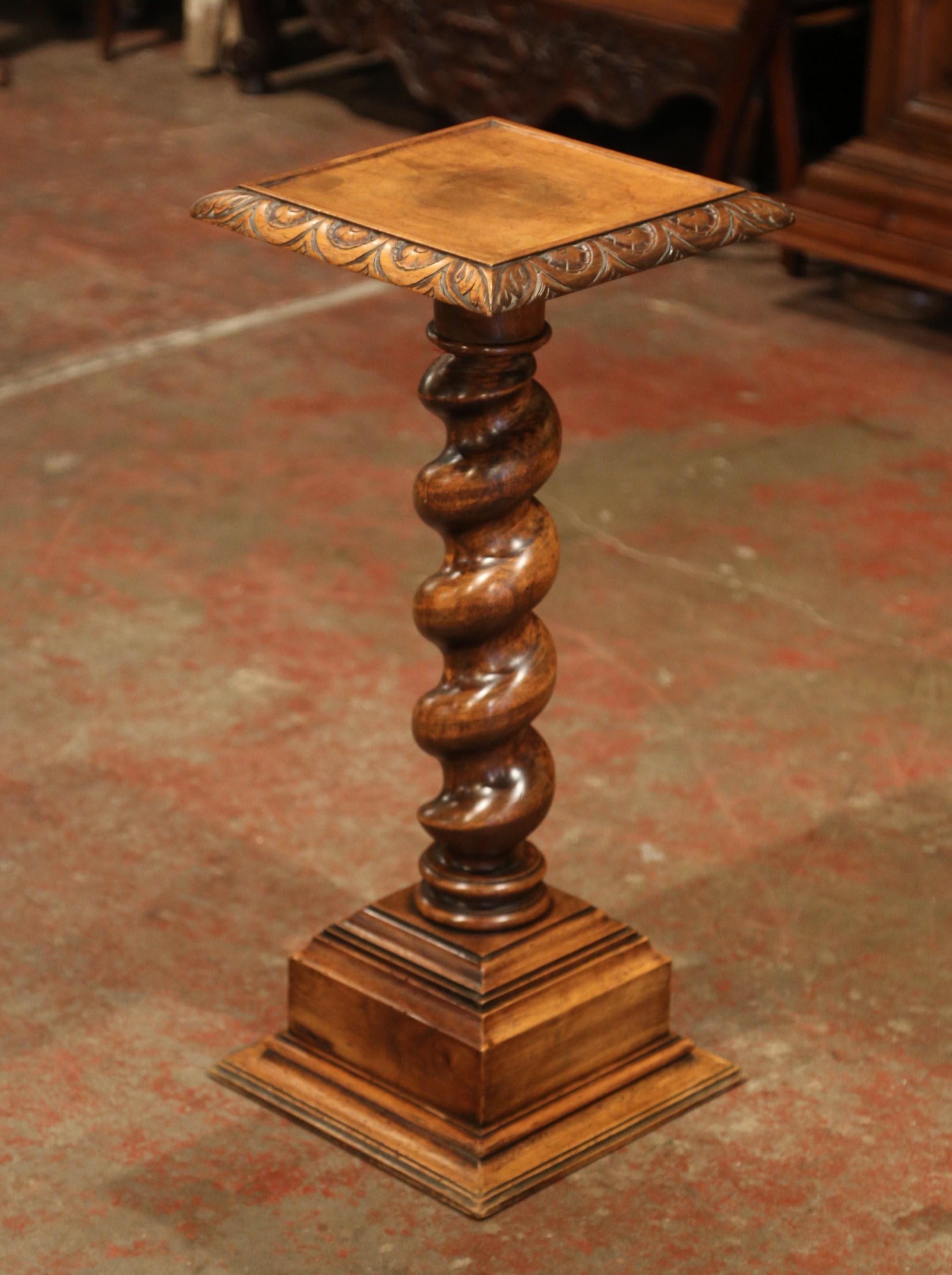 Louis XIII 19th Century French Carved Walnut Barley Twist Pedestal Table with Square Top