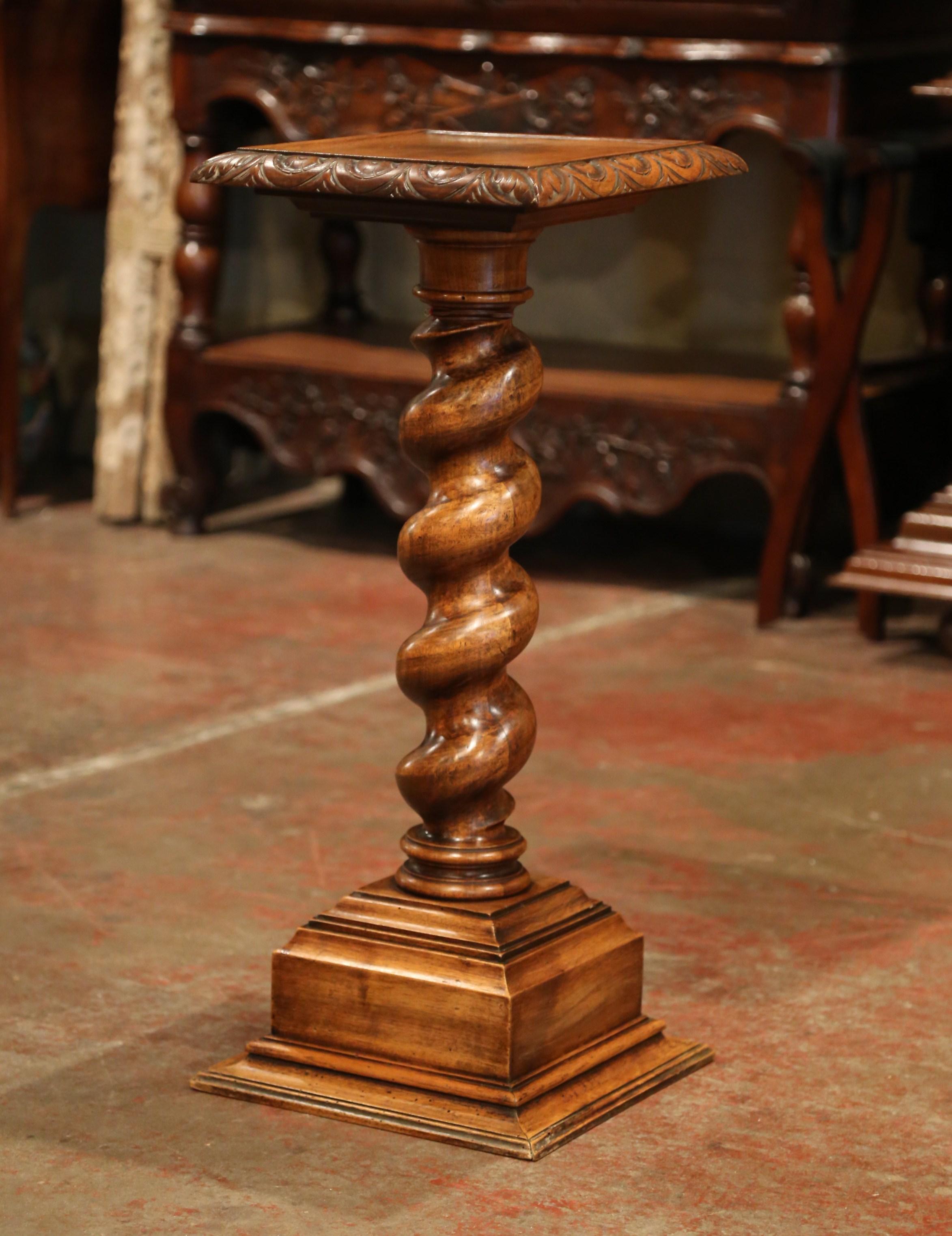 Hand-Carved 19th Century French Carved Walnut Barley Twist Pedestal Table with Square Top