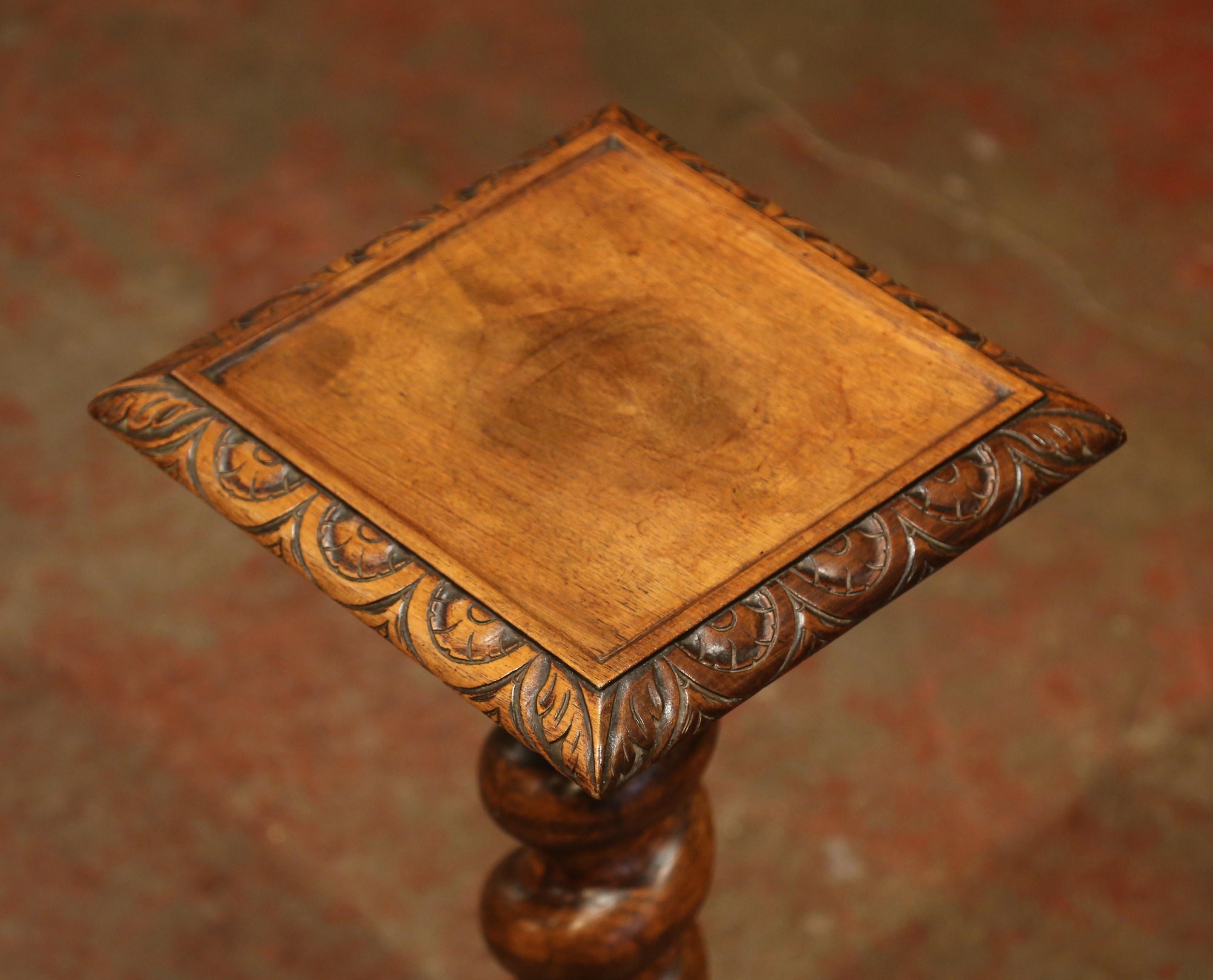 19th Century French Carved Walnut Barley Twist Pedestal Table with Square Top 1