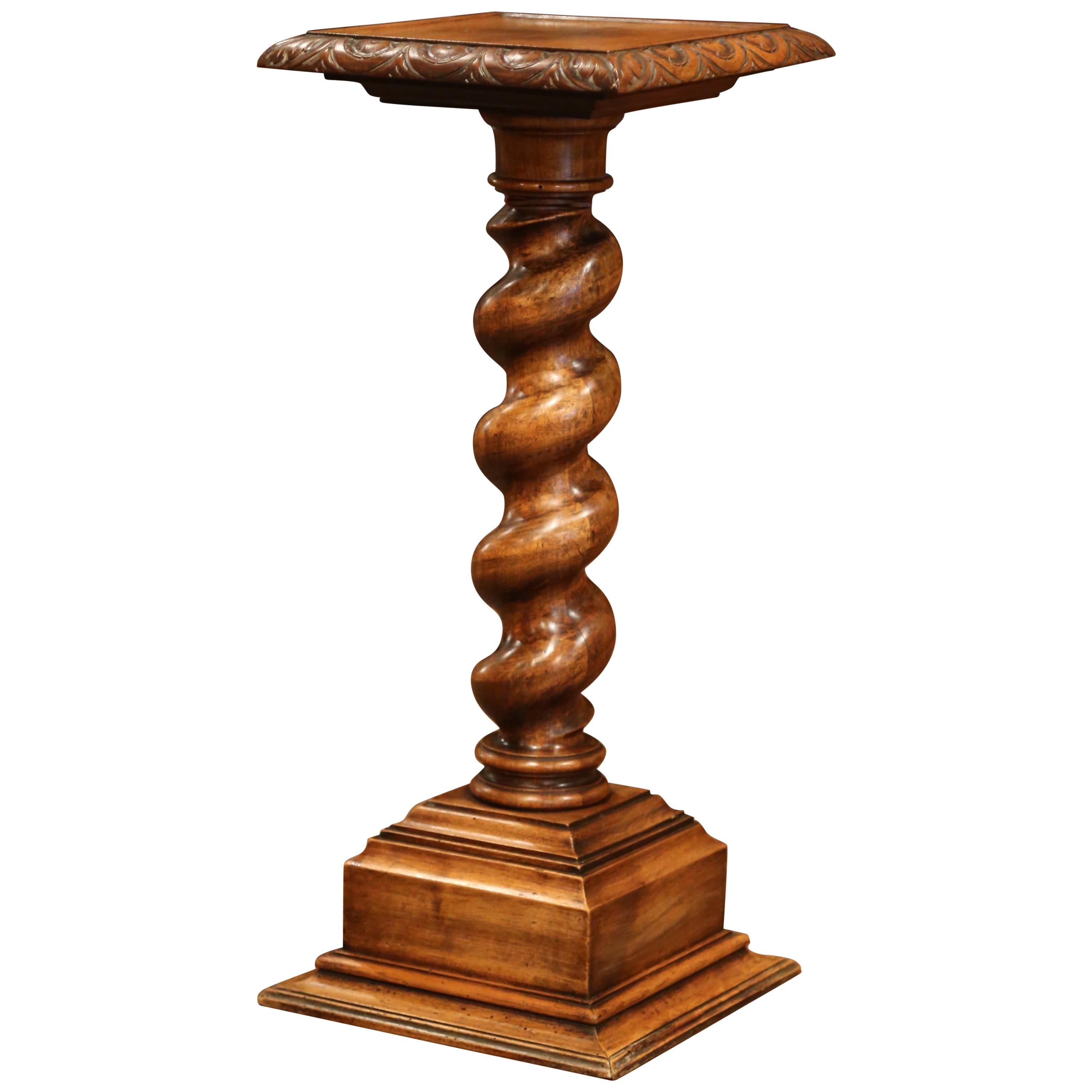 19th Century French Carved Walnut Barley Twist Pedestal Table with Square Top