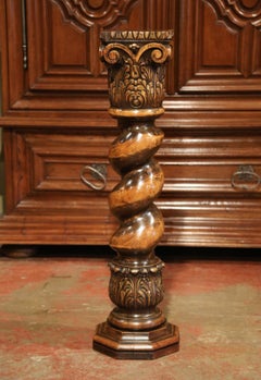 19th Century French Carved Walnut Barley Twist Pedestal with Foliage Square Top
