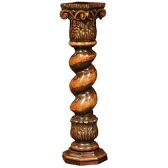 Antique 19th Century French Carved Walnut Barley Twist Pedestal with Foliage Square Top