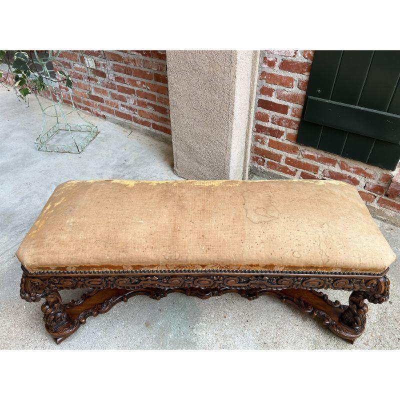 19th Century French Carved Walnut Bench Ottoman Seat Louis XIV Baroque Style 5