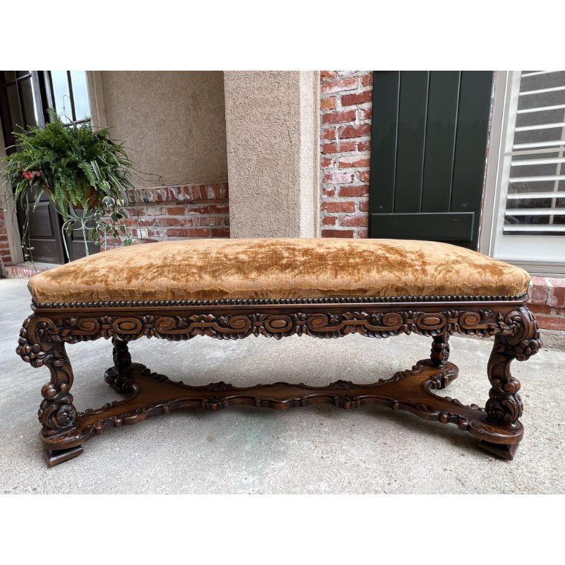 Hand-Carved 19th Century French Carved Walnut Bench Ottoman Seat Louis XIV Baroque Style