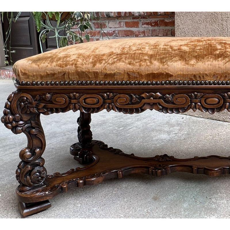 Upholstery 19th Century French Carved Walnut Bench Ottoman Seat Louis XIV Baroque Style