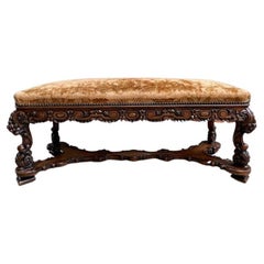 19th Century French Carved Walnut Bench Ottoman Seat Louis XIV Baroque Style