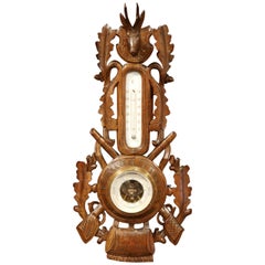 Antique 19th Century French Carved Walnut Black Forest Barometer with Deer and Gun Decor