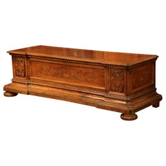 19th Century French Carved Walnut Blanket Chest Trunk with Marquetry Inlay