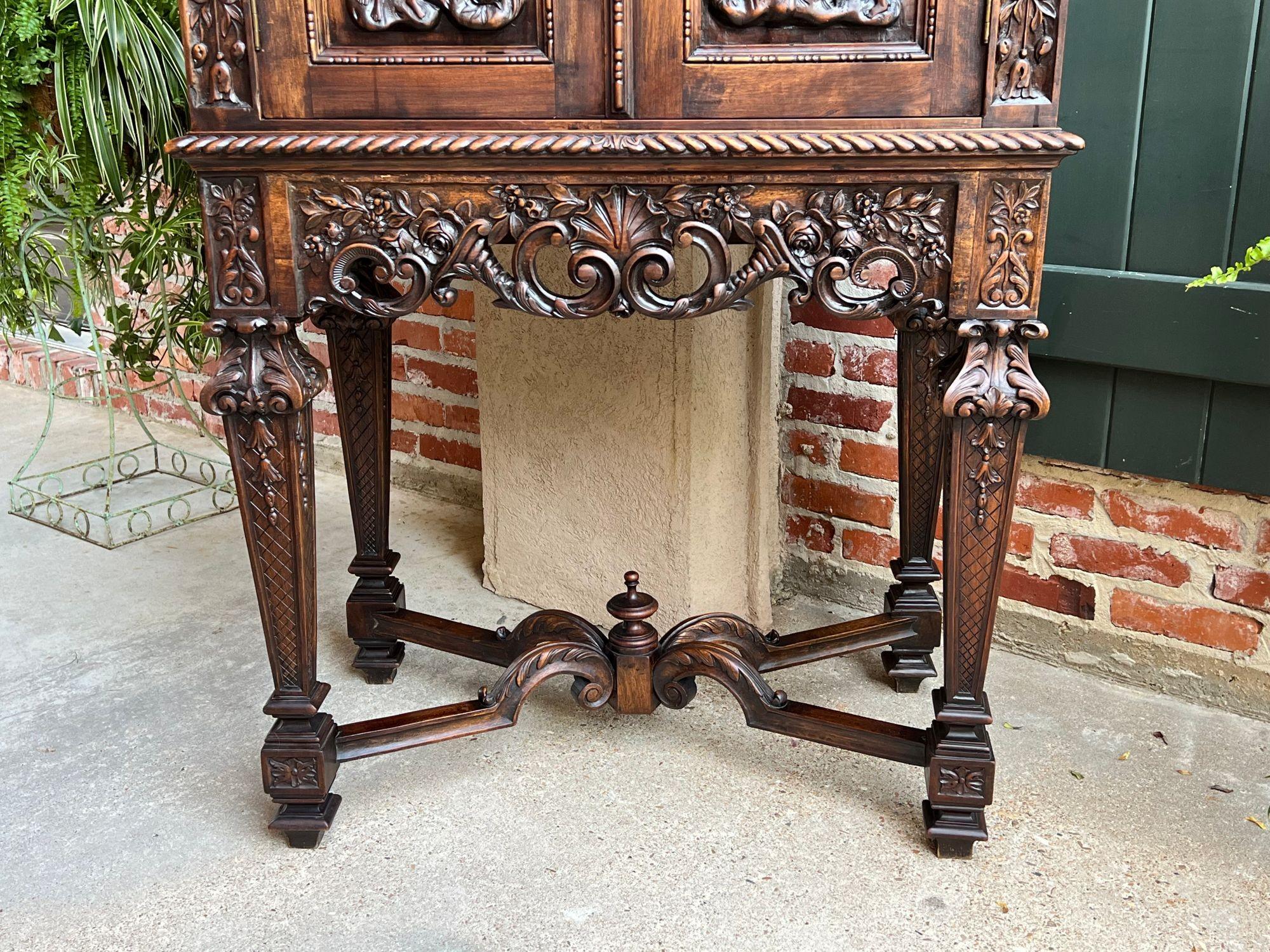 Hand-Carved Antique French Carved Walnut Cabinet Wine Bar Renaissance Bookcase c1890 For Sale