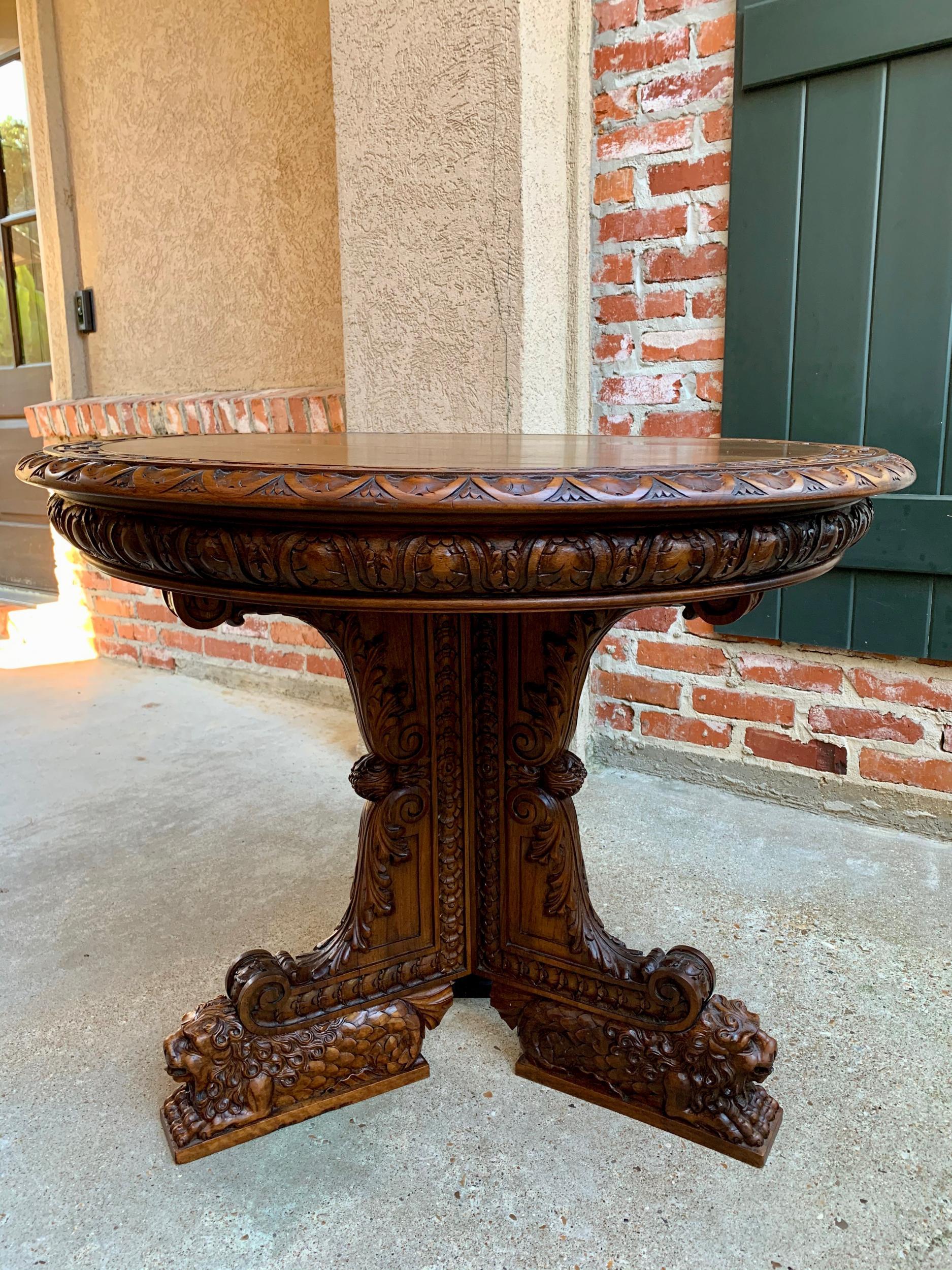 Hand-Carved 19th Century French Carved Walnut Center Table Round Foyer Lion Louis XIV Style