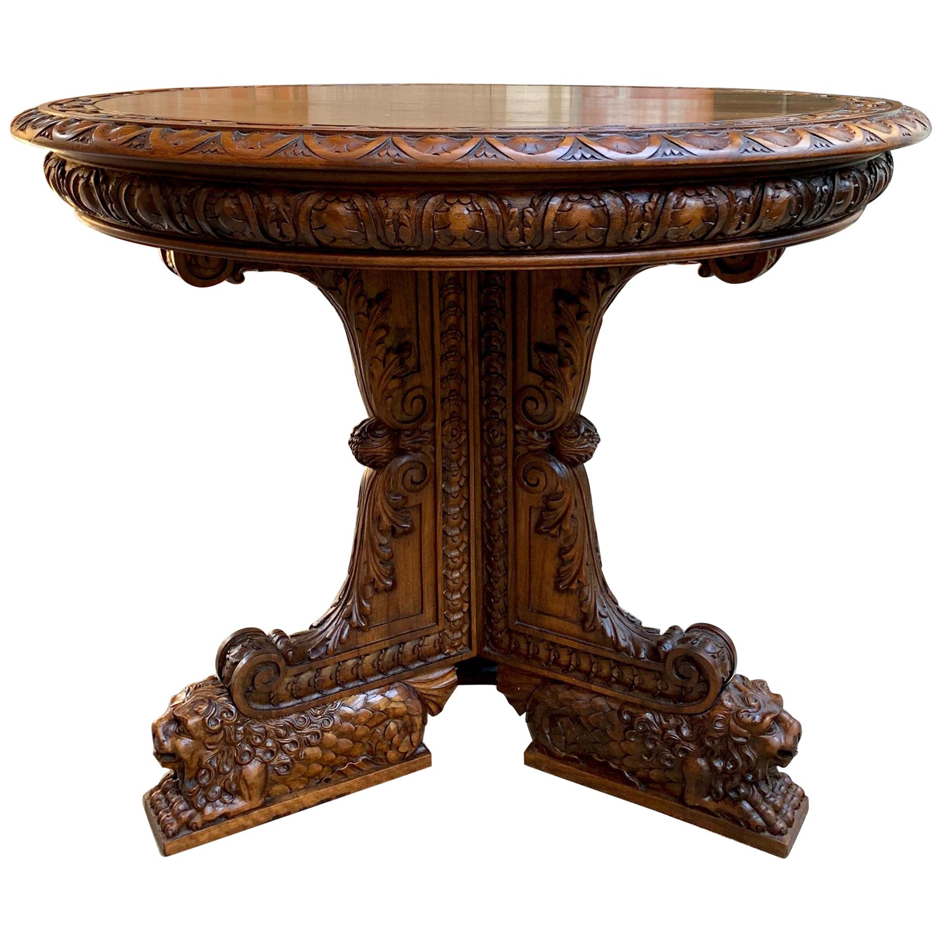 19th Century French Carved Walnut Center Table Round Foyer Lion Louis XIV Style