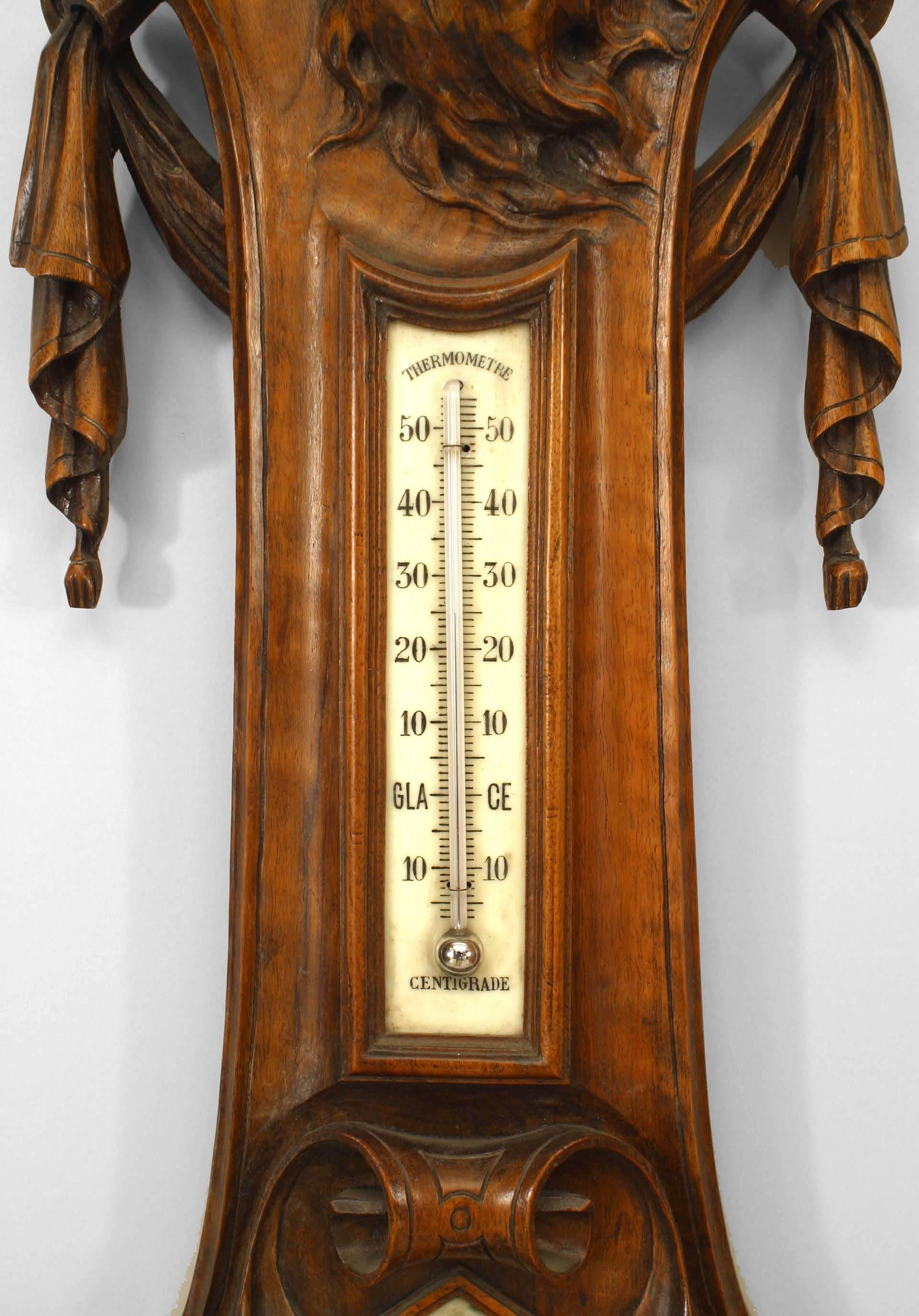 Glass Pair of French Walnut Clocks & Barometers For Sale