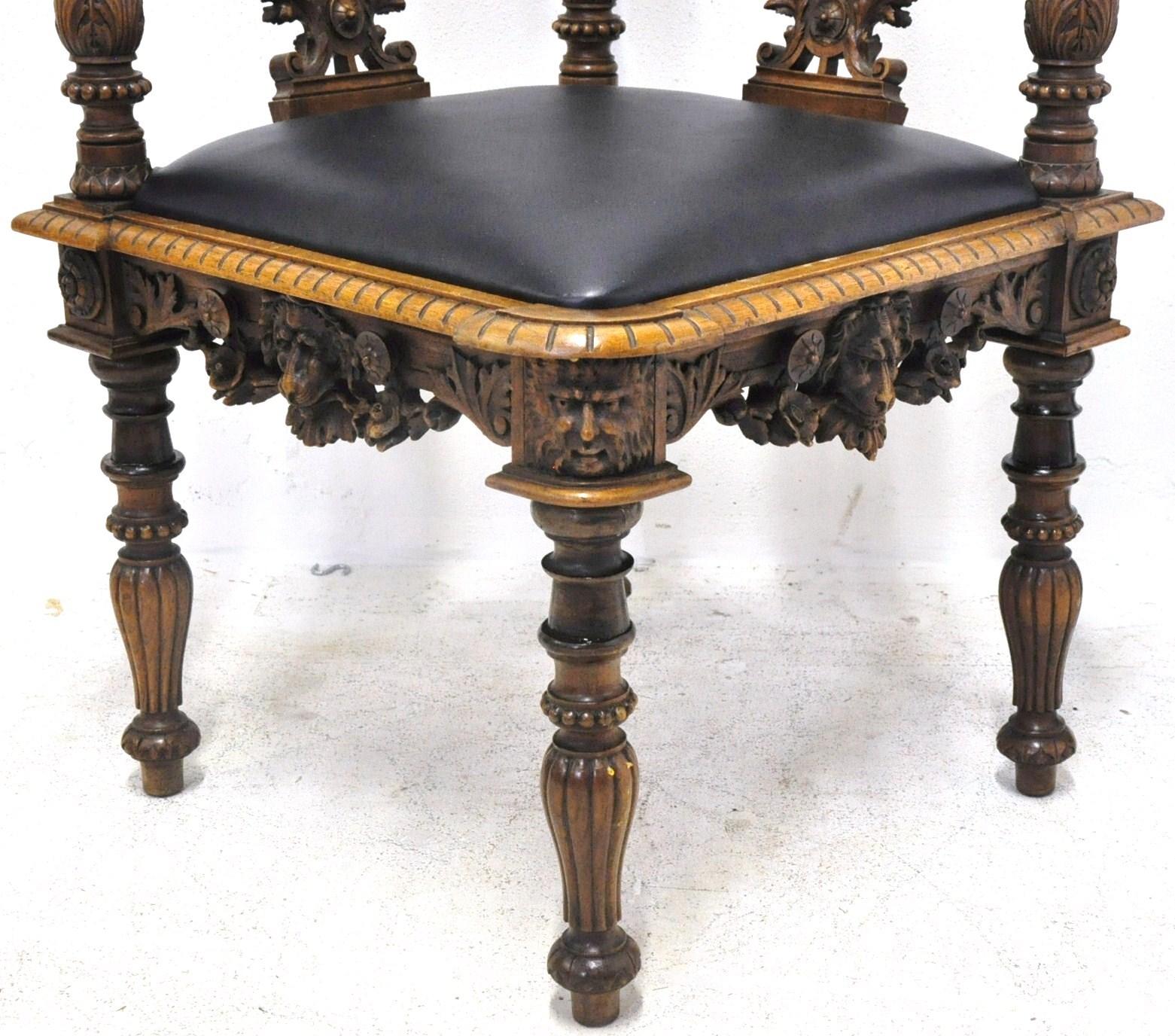 Napoleon III 19th Century, French Carved Walnut Corner Armchair with Black Leather Seat
