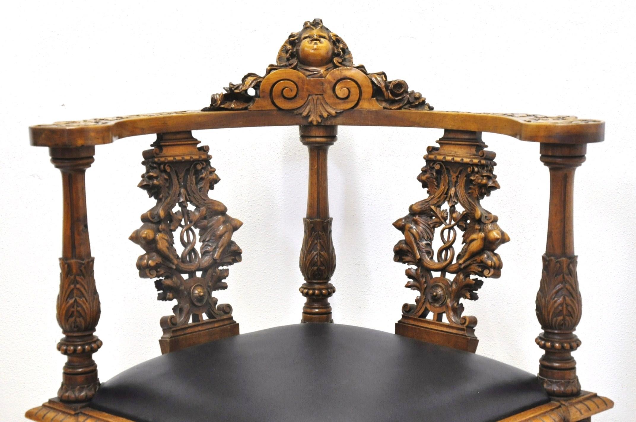 Hand-Carved 19th Century, French Carved Walnut Corner Armchair with Black Leather Seat