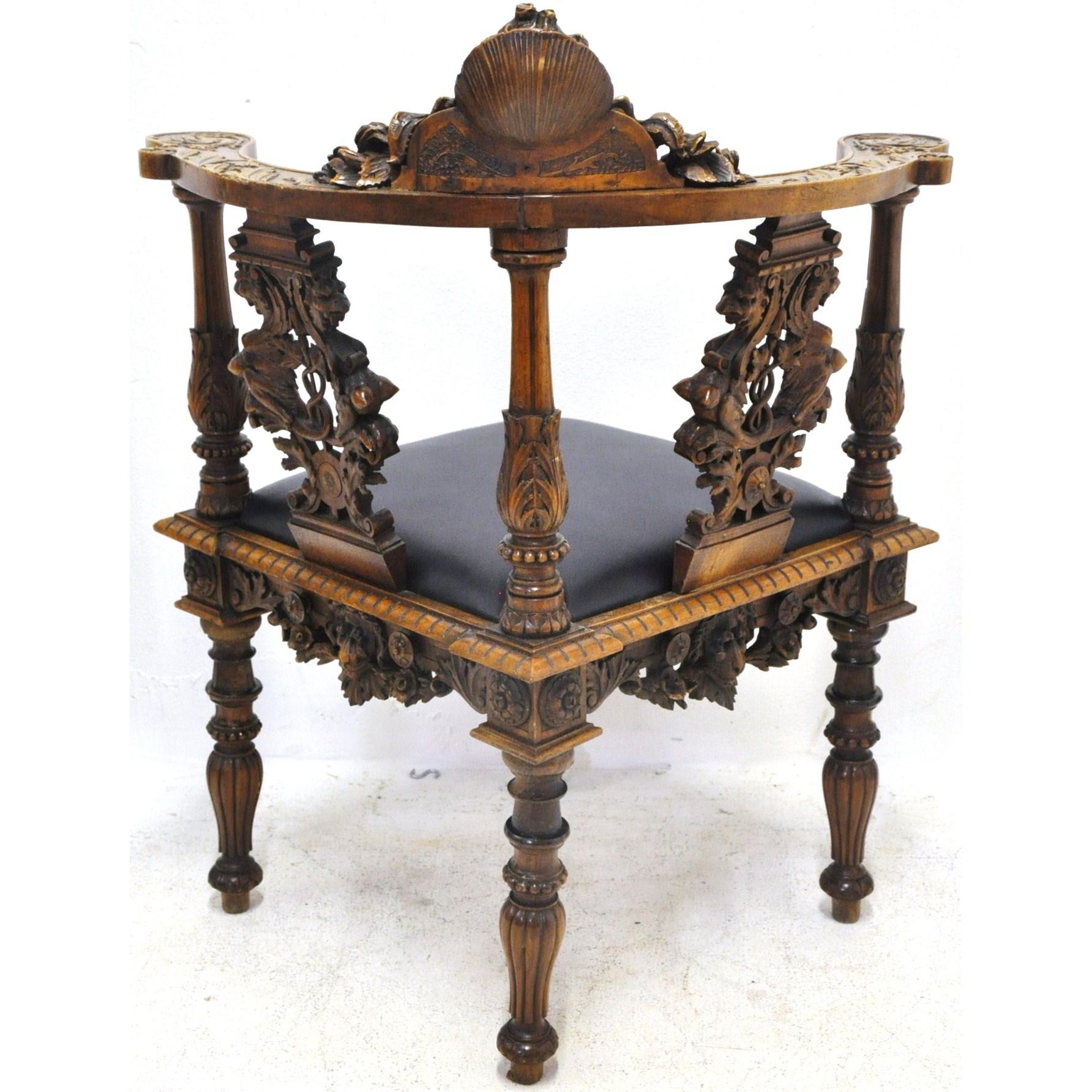 19th Century, French Carved Walnut Corner Armchair with Black Leather Seat 1