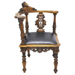 19th Century, French Carved Walnut Corner Armchair with Black Leather Seat