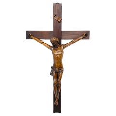 19th Century French Carved Walnut Crucifix, Corpus of Christ