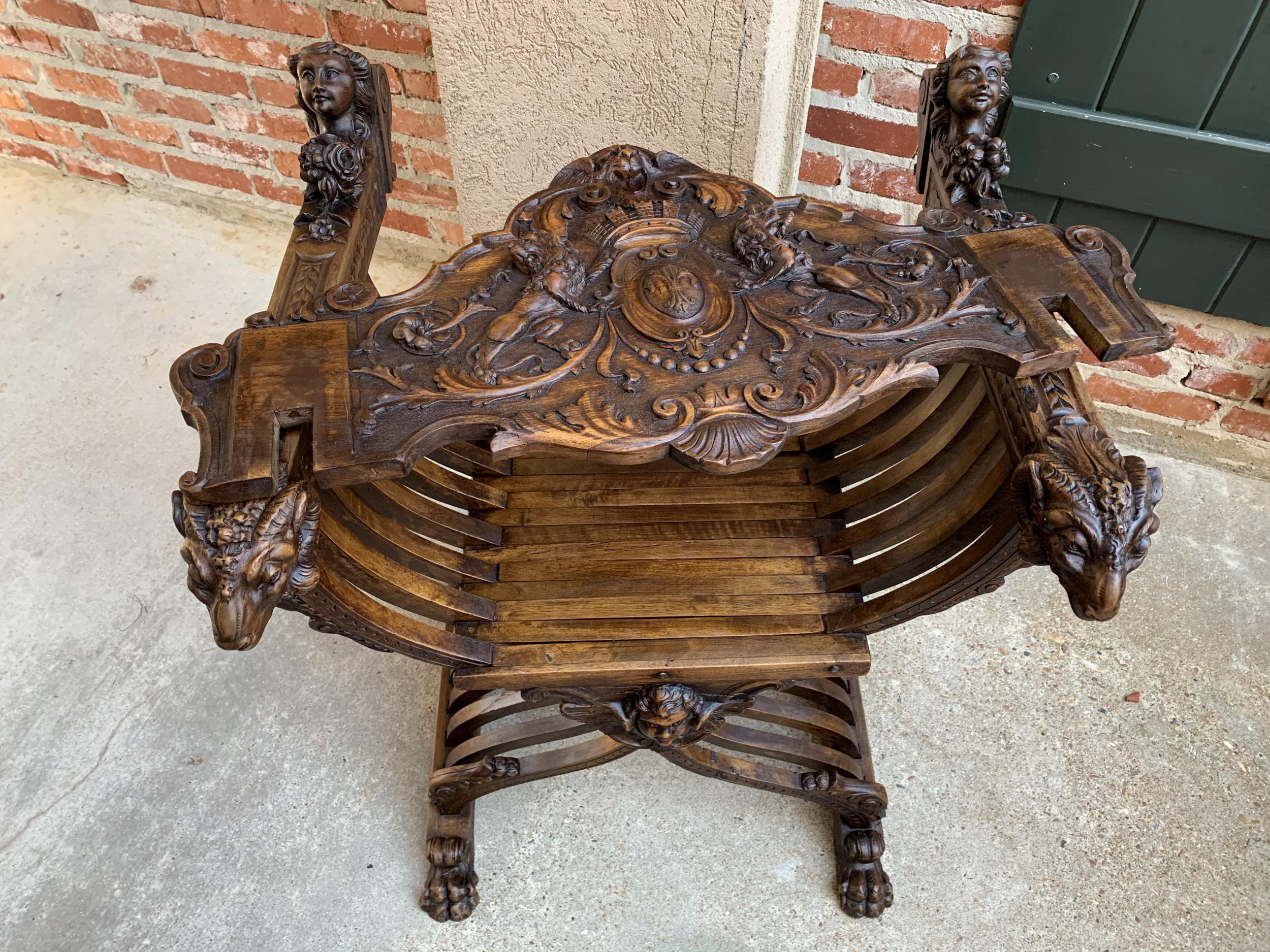 19th century French Carved Walnut Dagobert Curule Chair Arm Throne Renaissance 6