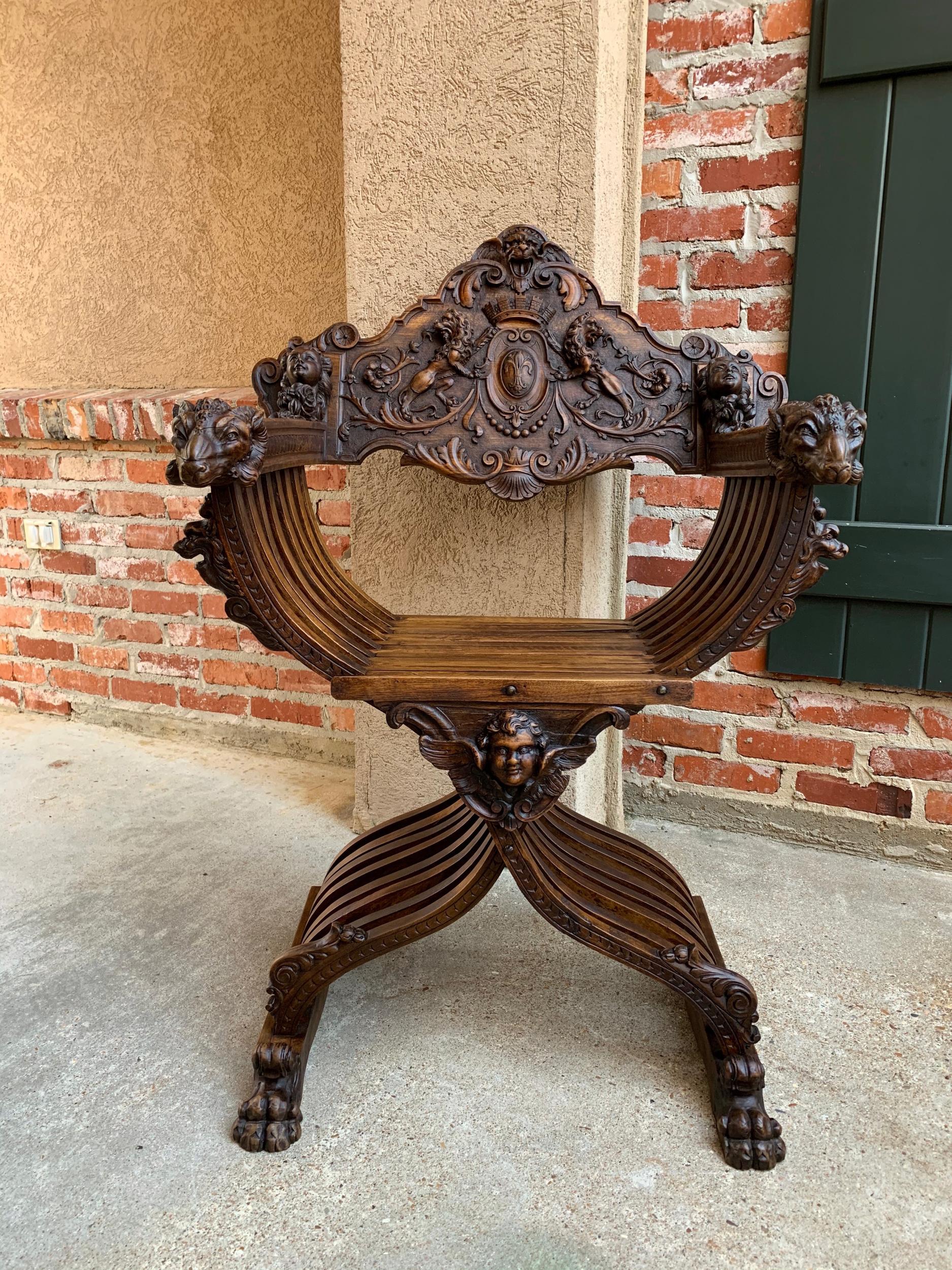 19th century French Carved Walnut Dagobert Curule Chair Arm Throne Renaissance 8