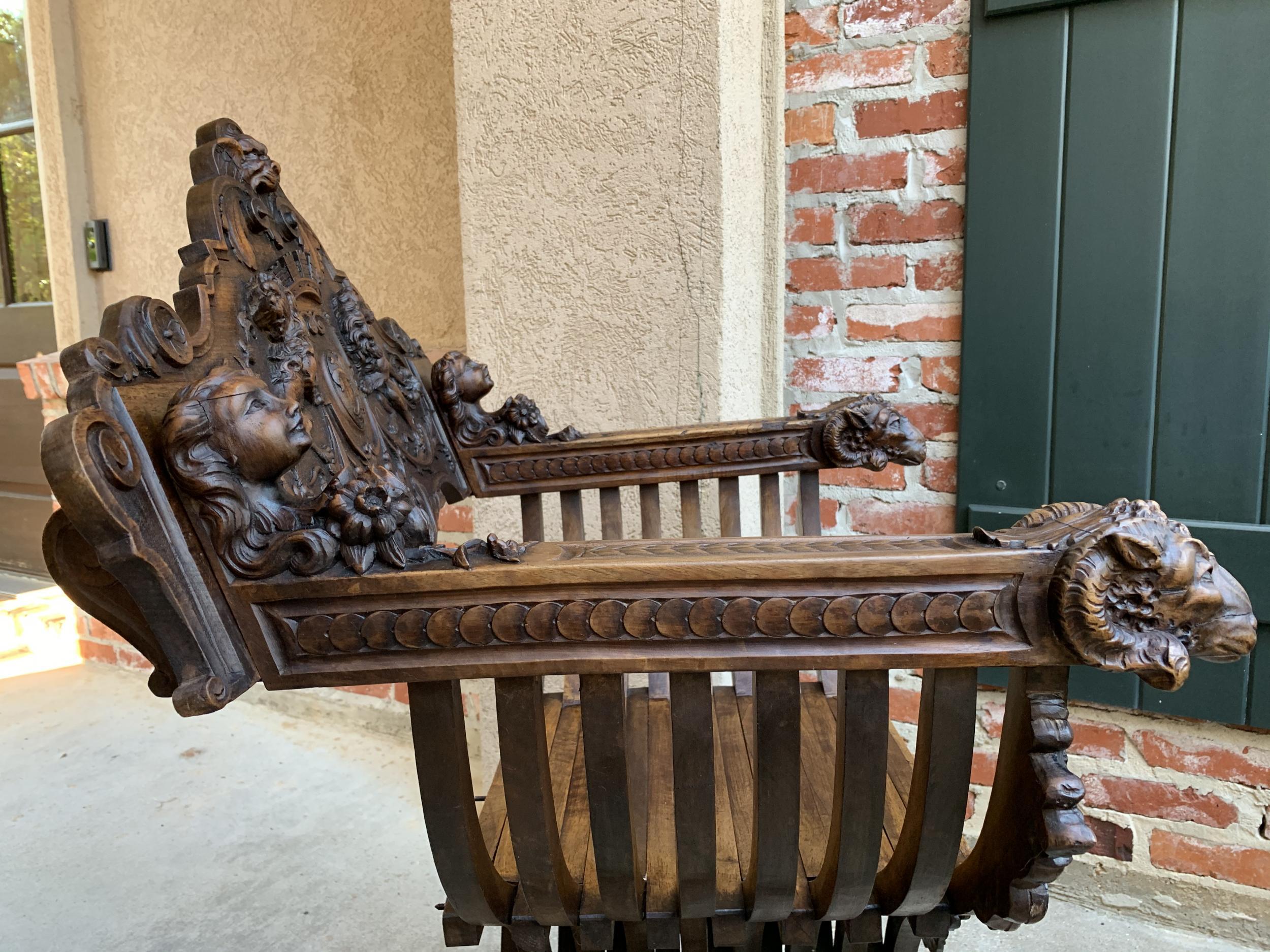 19th century French Carved Walnut Dagobert Curule Chair Arm Throne Renaissance 14