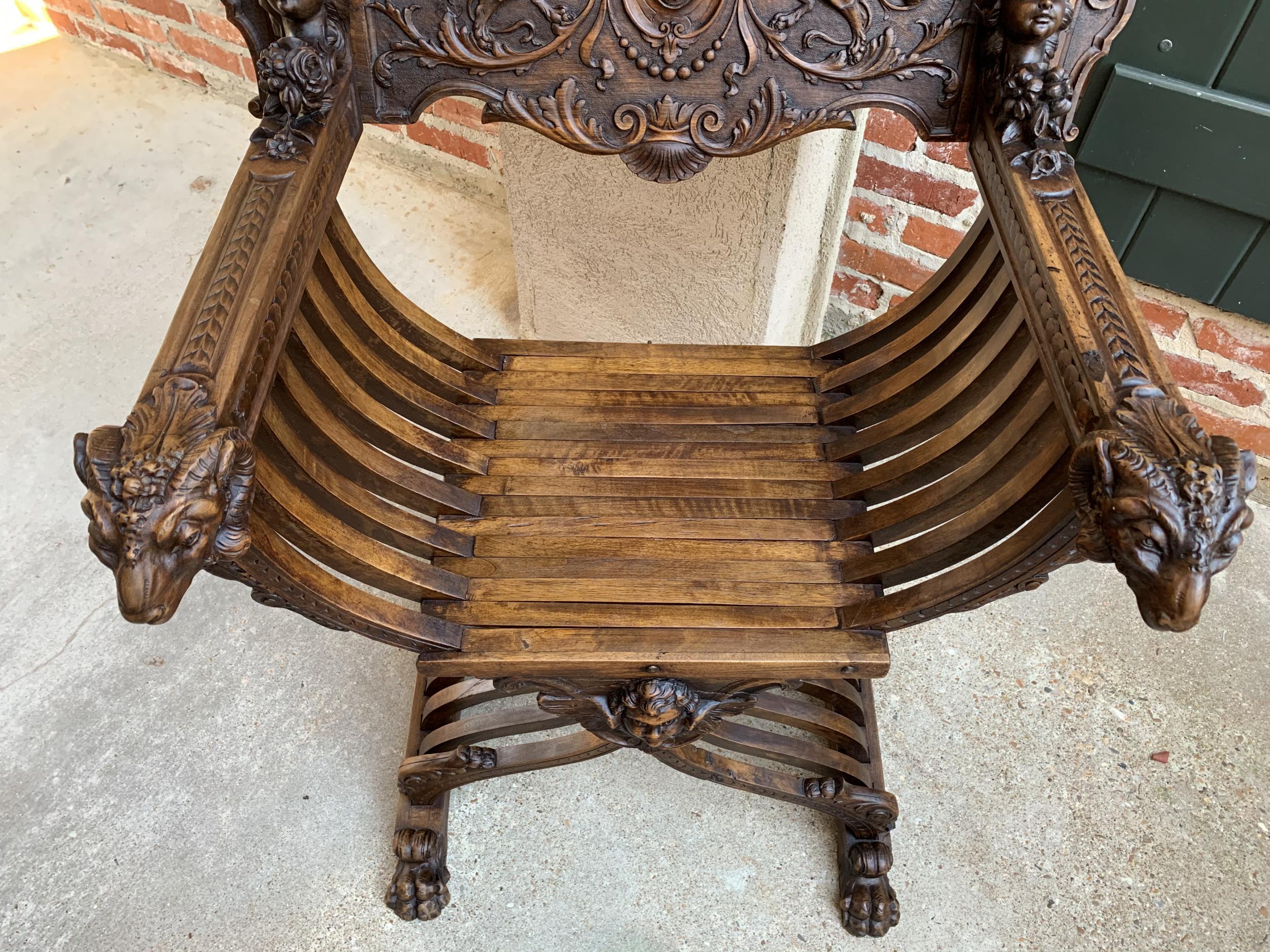19th century French Carved Walnut Dagobert Curule Chair Arm Throne Renaissance 15