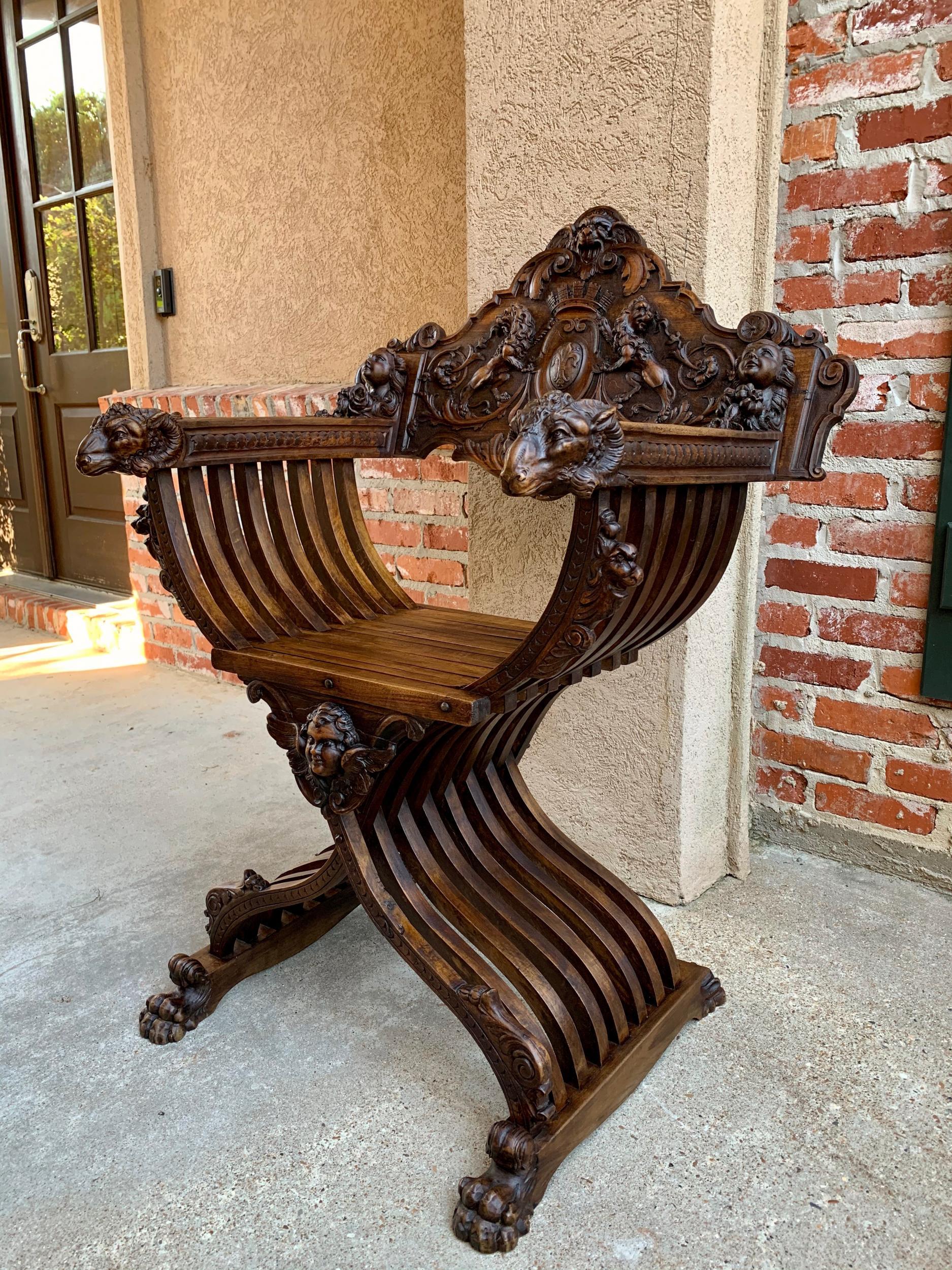 Hand-Carved 19th century French Carved Walnut Dagobert Curule Chair Arm Throne Renaissance