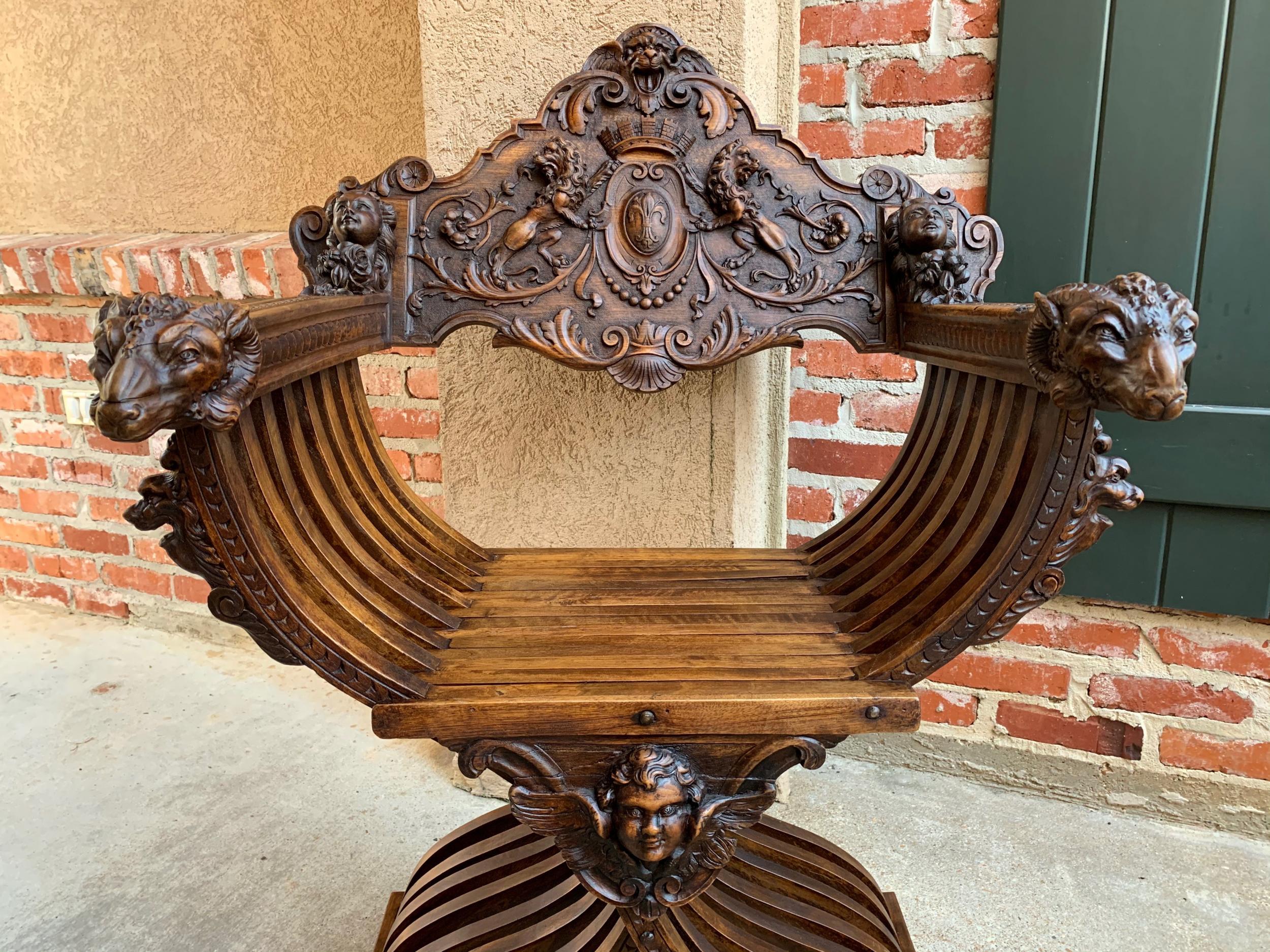 19th century French Carved Walnut Dagobert Curule Chair Arm Throne Renaissance In Good Condition In Shreveport, LA