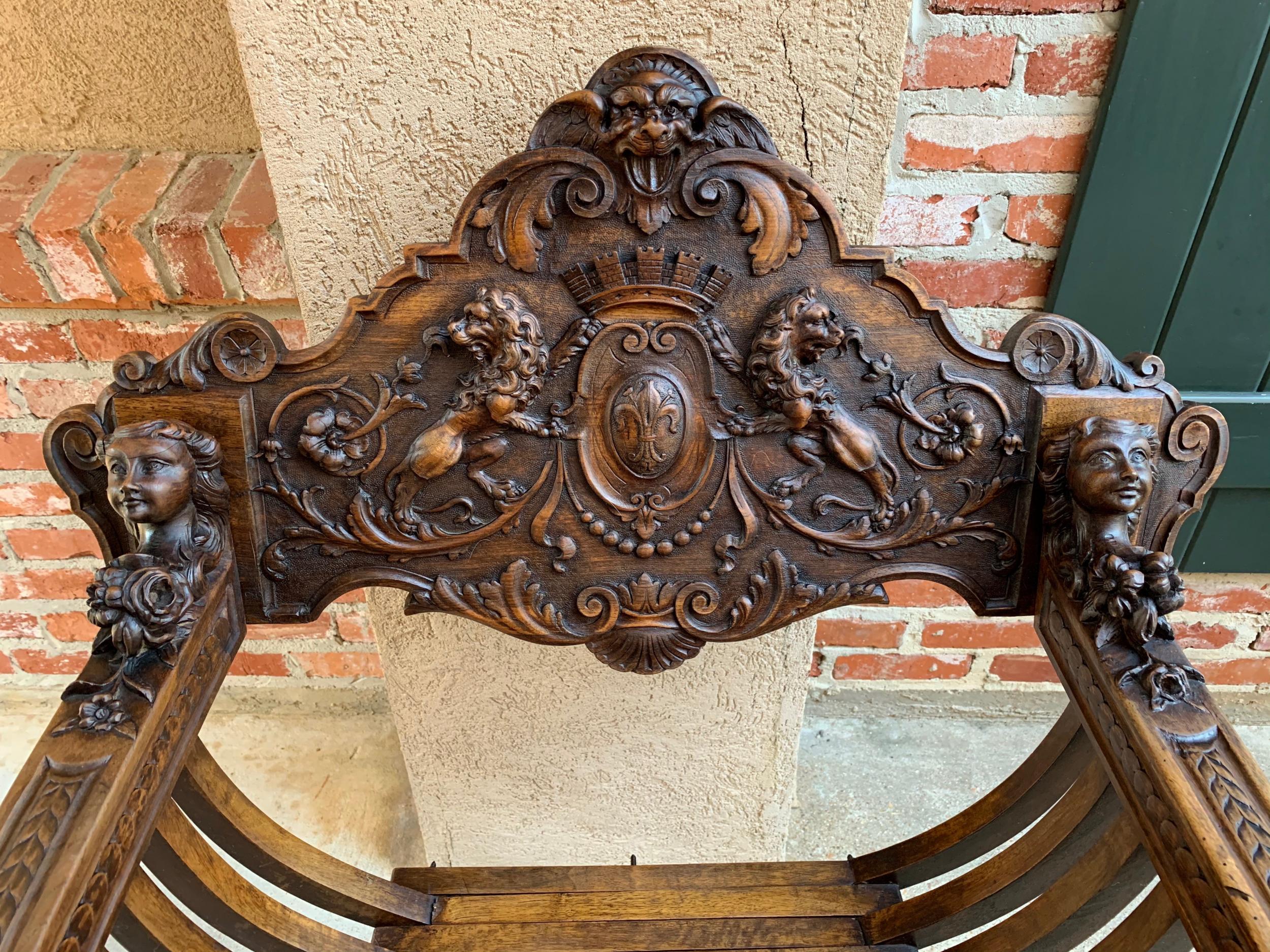 19th Century 19th century French Carved Walnut Dagobert Curule Chair Arm Throne Renaissance