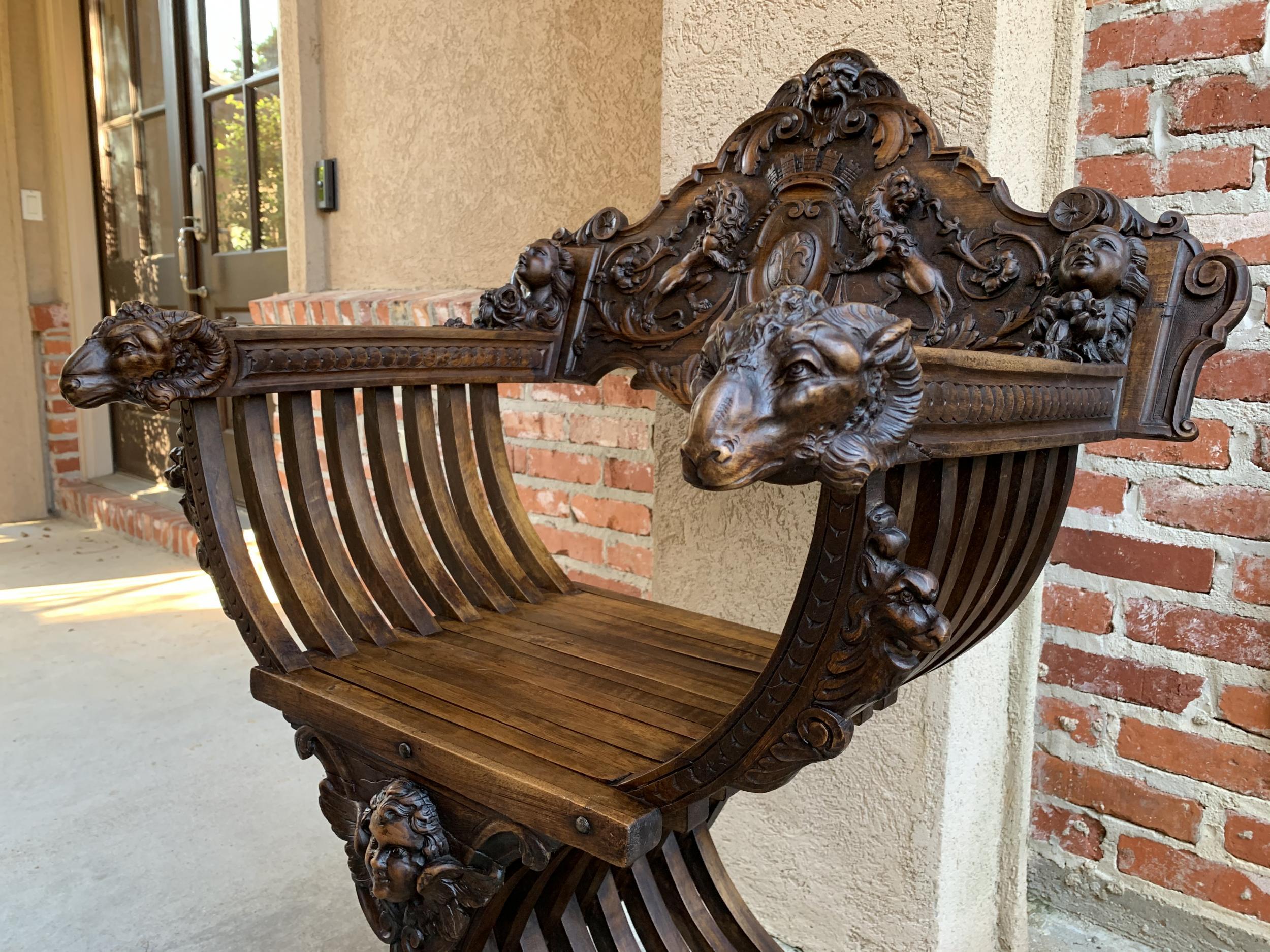 19th century French Carved Walnut Dagobert Curule Chair Arm Throne Renaissance 1