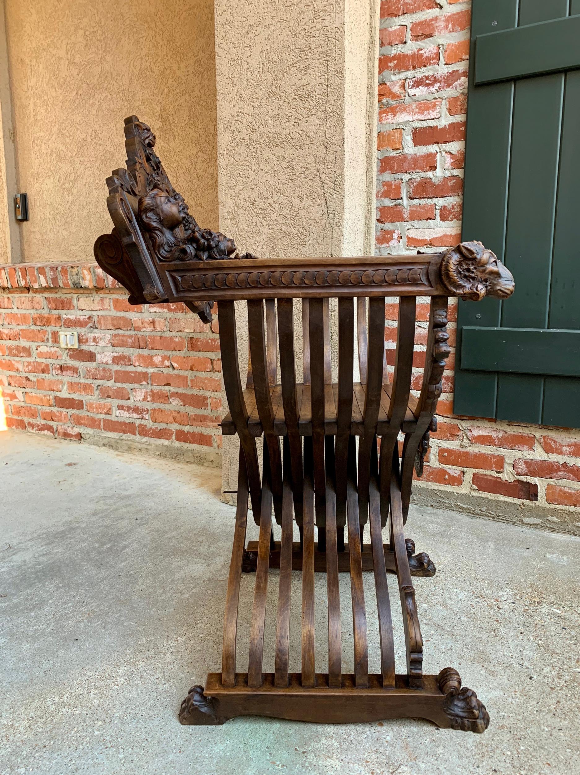 19th century French Carved Walnut Dagobert Curule Chair Arm Throne Renaissance 4