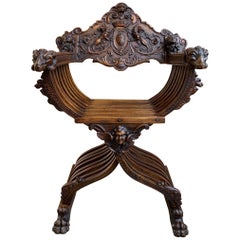19th century French Carved Walnut Dagobert Curule Chair Arm Throne Renaissance