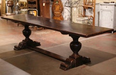19th Century French Carved Walnut Farm Trestle Table on Double-Pedestal Base