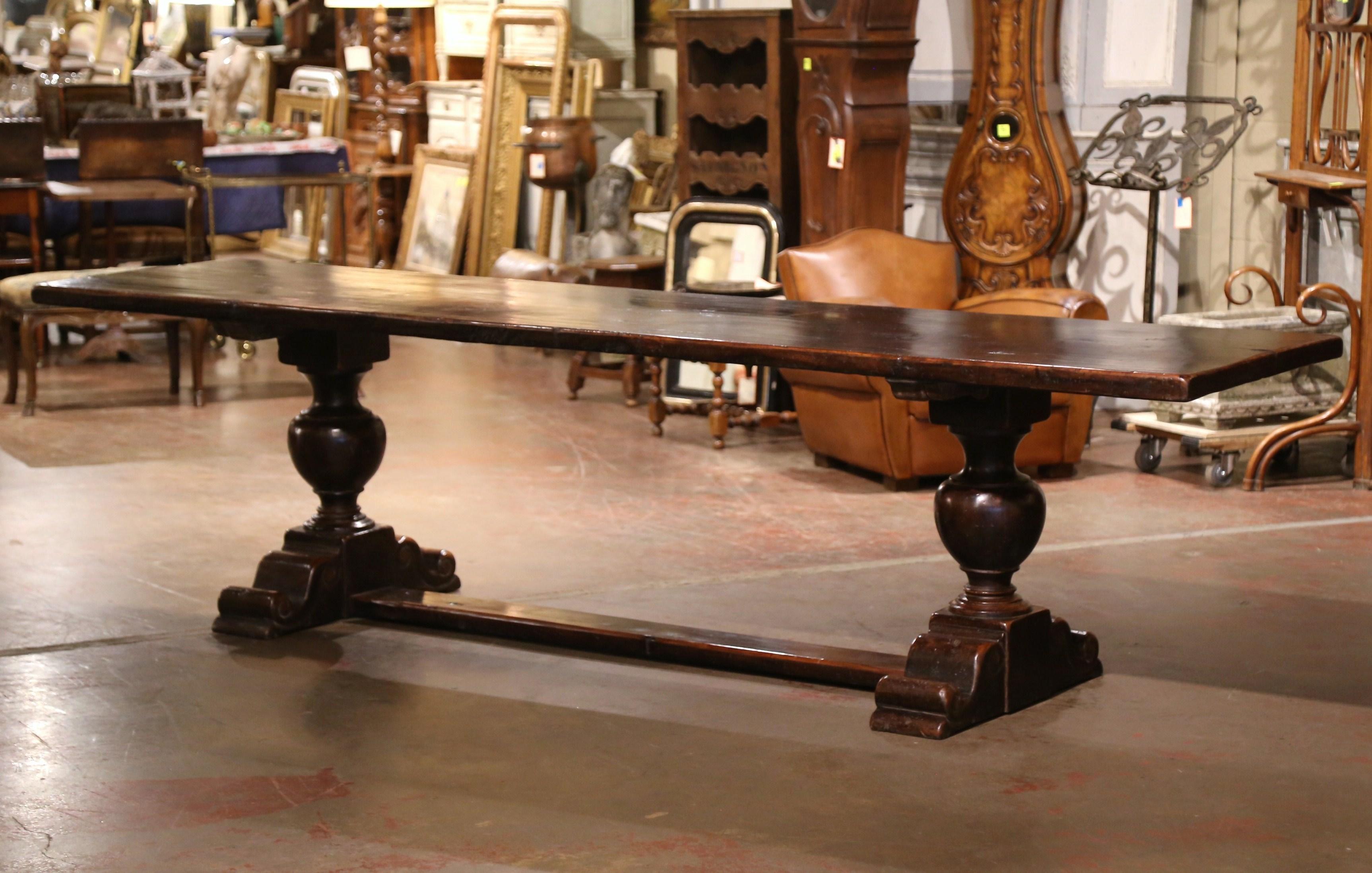 19th Century French Carved Walnut Farm Trestle Table on Double-Pedestal Base 1