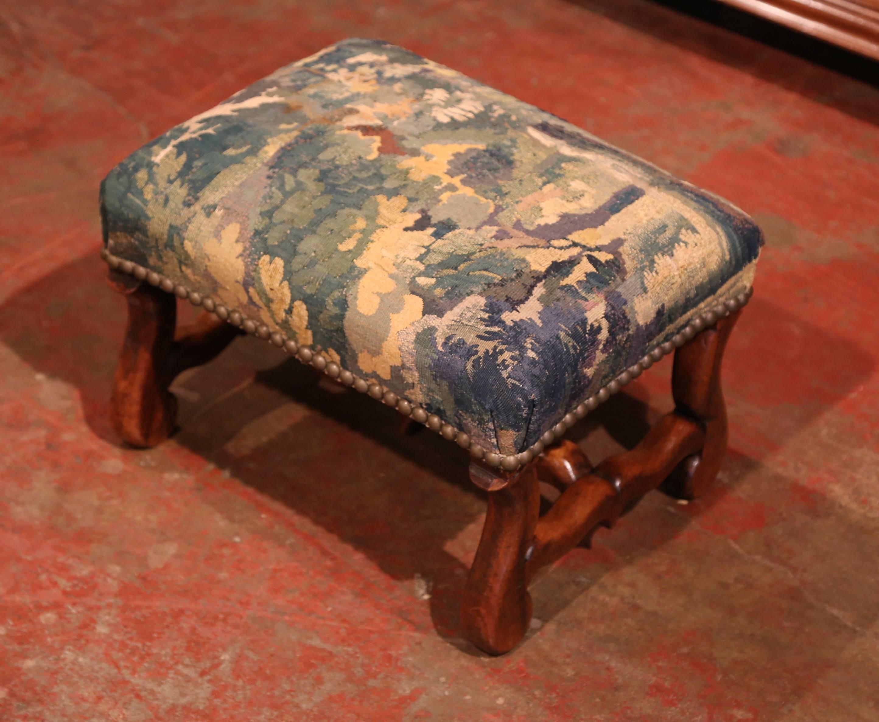 Louis XIII 19th Century French Carved Walnut Footstool with 18th Century Aubusson Tapestry