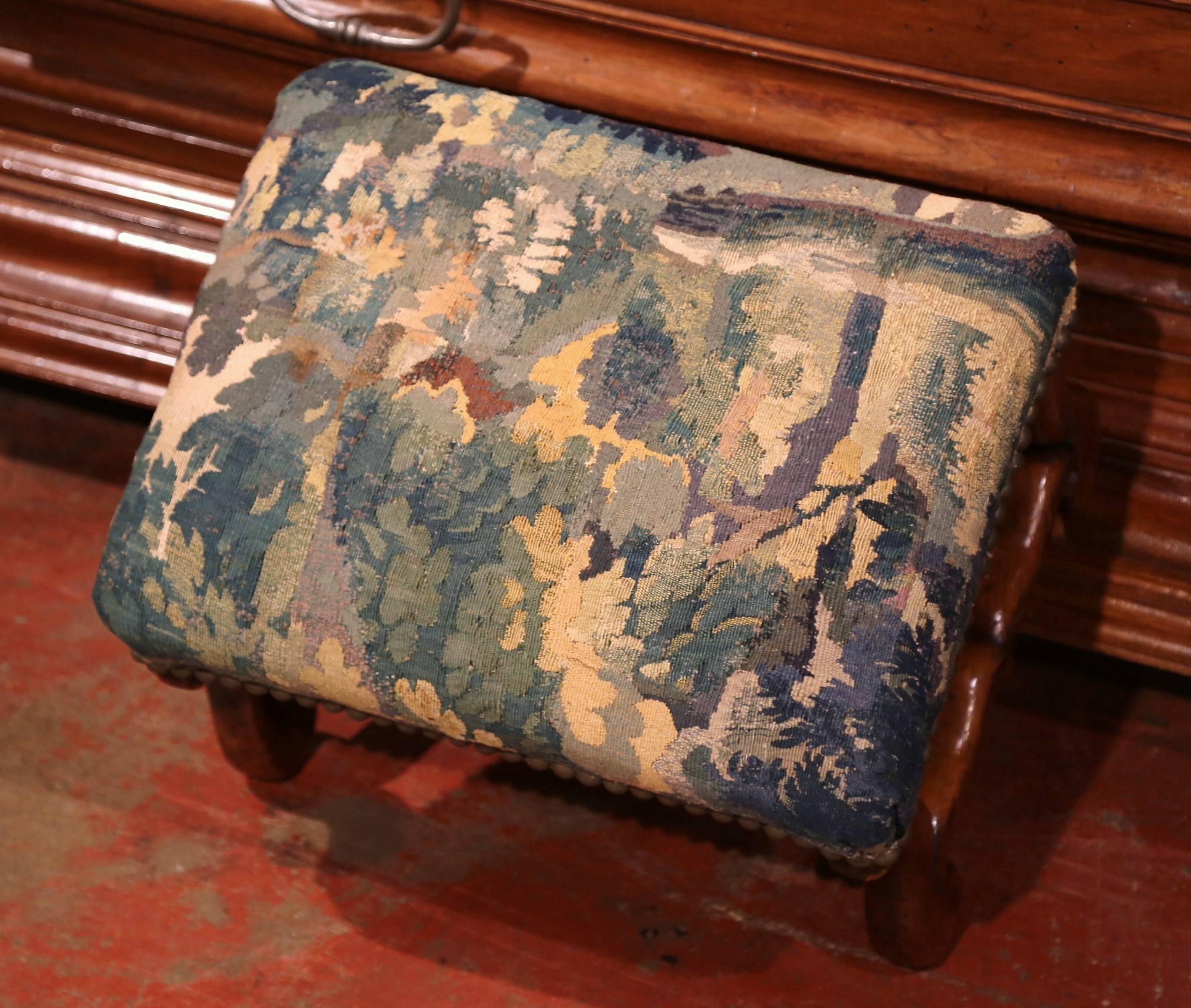 Patinated 19th Century French Carved Walnut Footstool with 18th Century Aubusson Tapestry