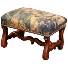 Antique 19th Century French Carved Walnut Footstool with 18th Century Aubusson Tapestry