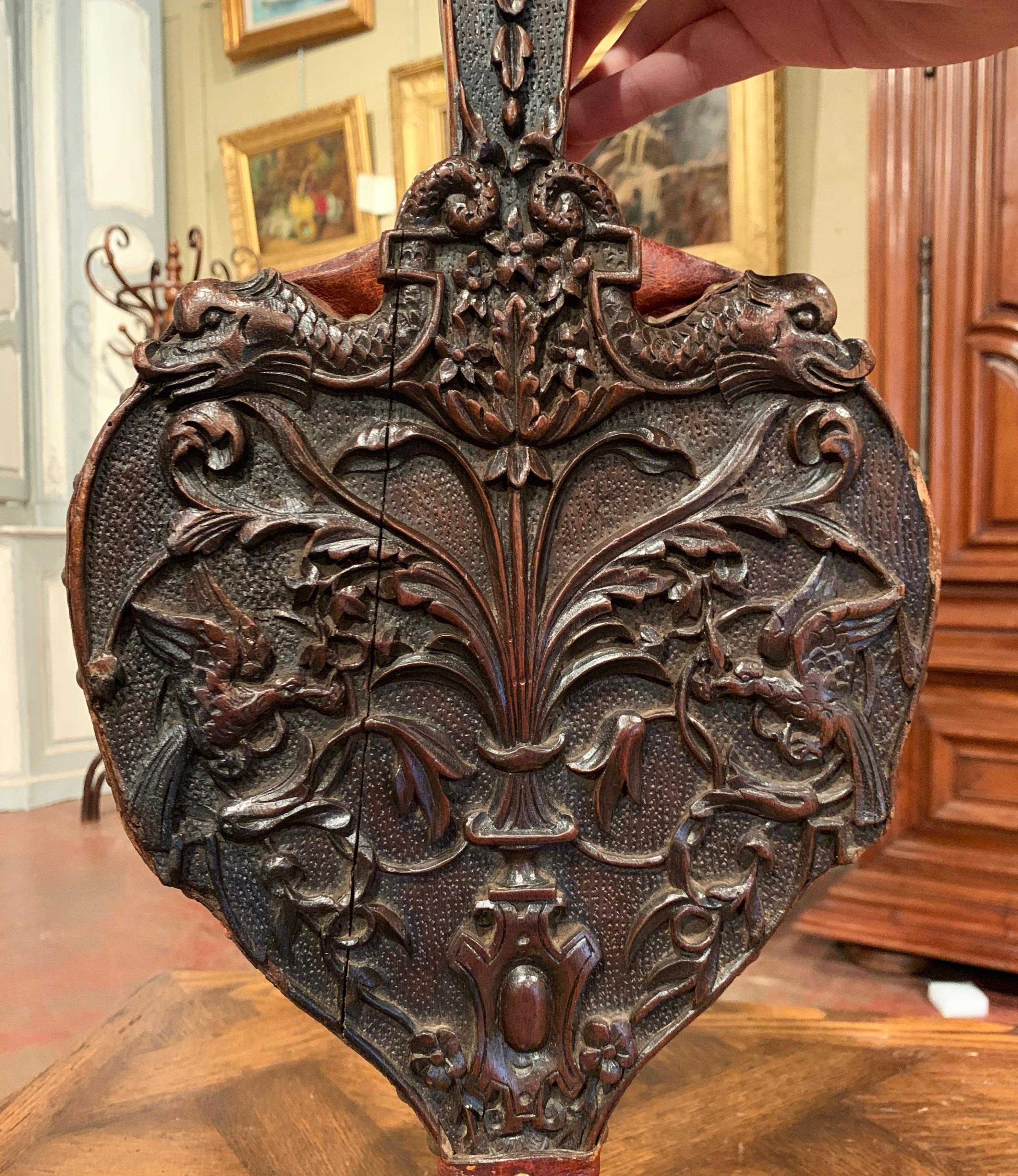 19th Century French Carved Walnut, Forged Iron and Leather Fireplace Bellows 5