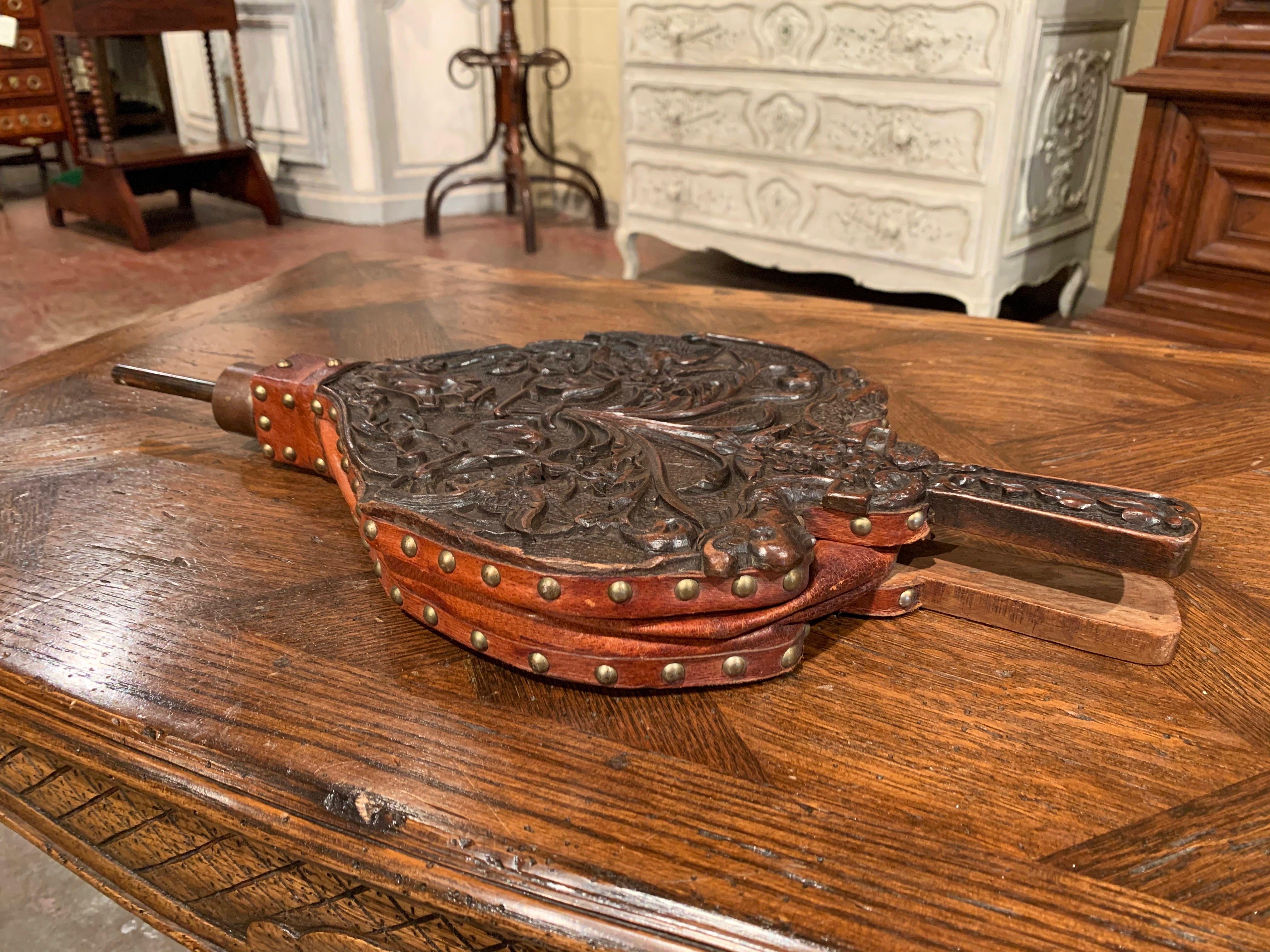 Rustic 19th Century French Carved Walnut, Forged Iron and Leather Fireplace Bellows