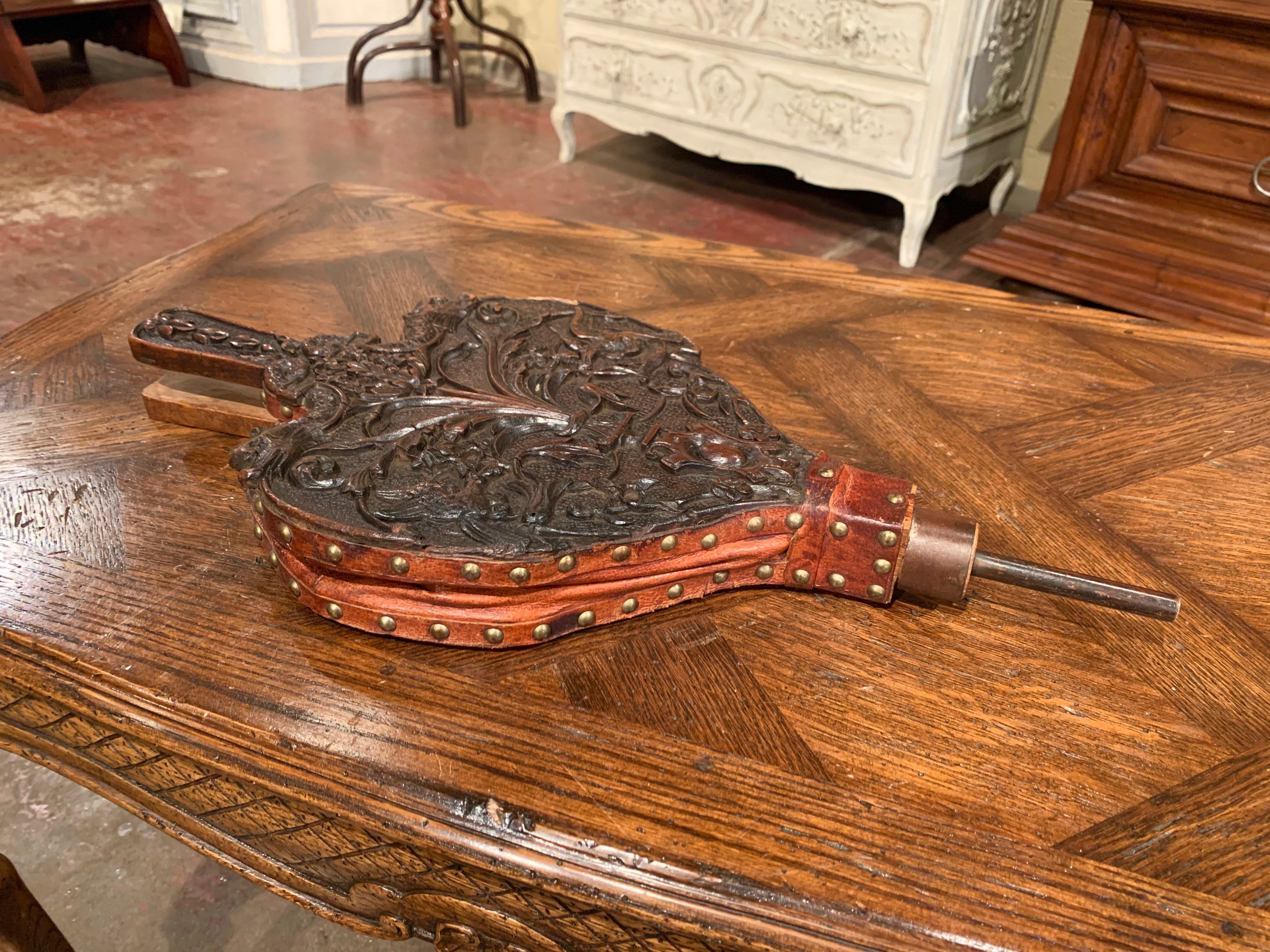 Hand-Carved 19th Century French Carved Walnut, Forged Iron and Leather Fireplace Bellows