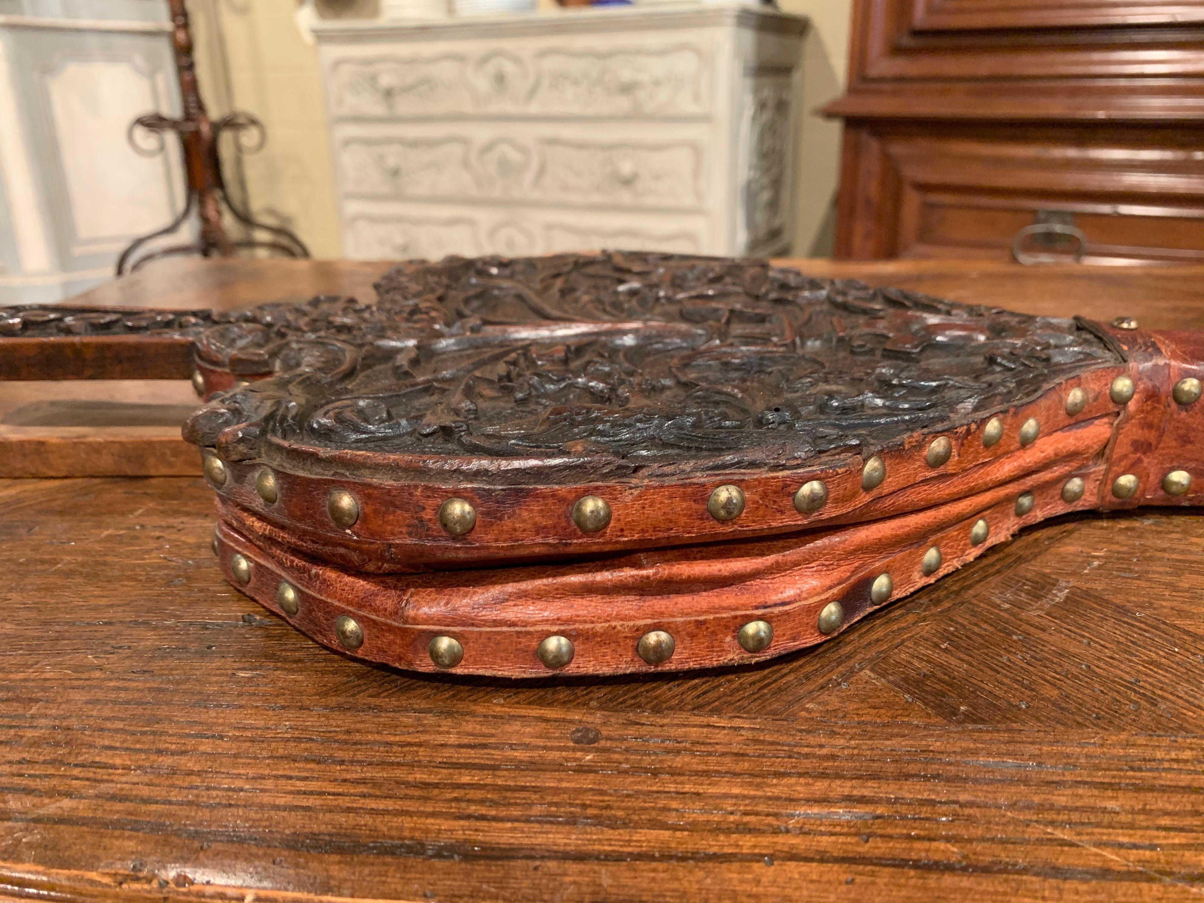 19th Century French Carved Walnut, Forged Iron and Leather Fireplace Bellows In Excellent Condition In Dallas, TX