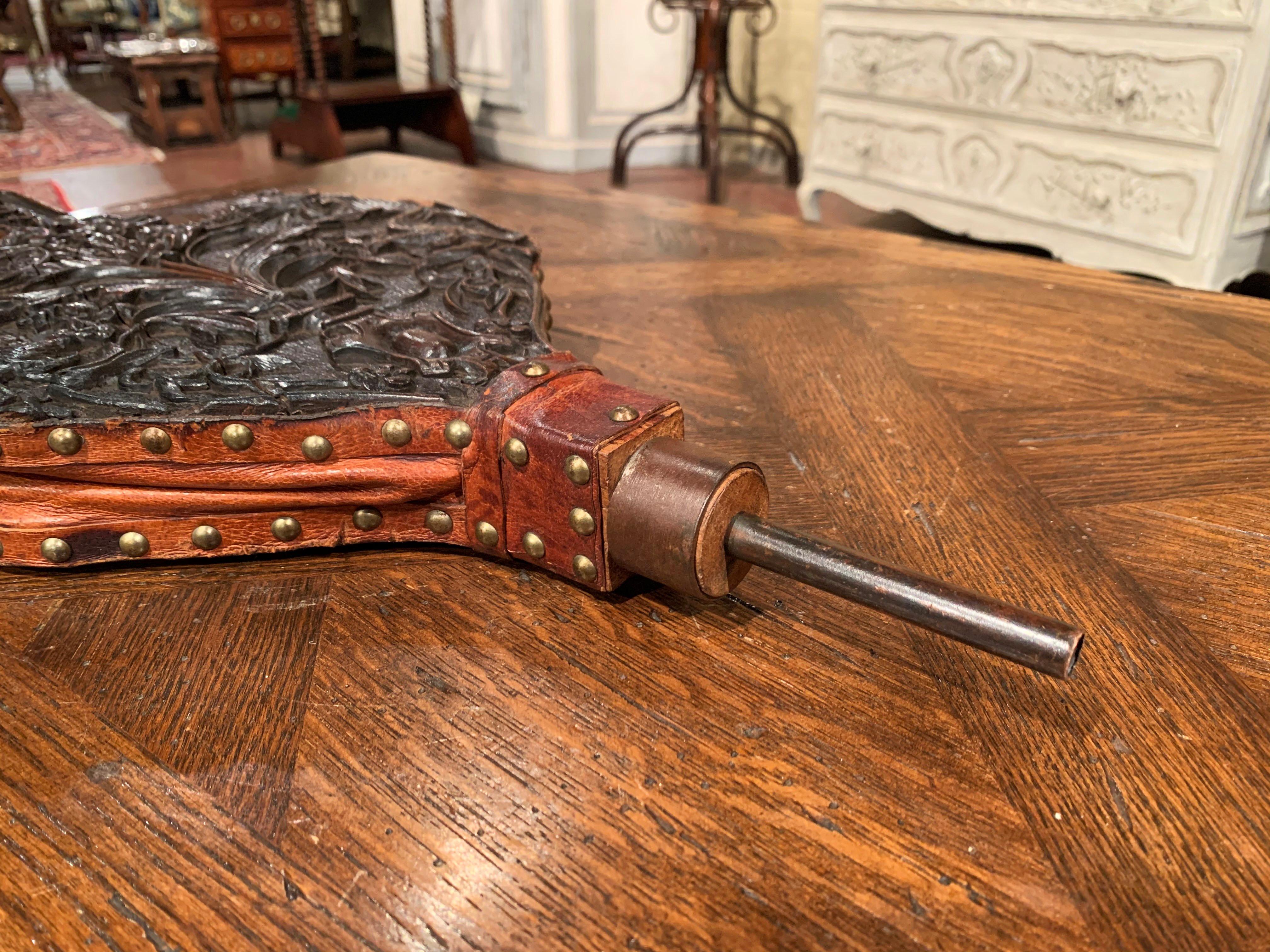 19th Century French Carved Walnut, Forged Iron and Leather Fireplace Bellows 1