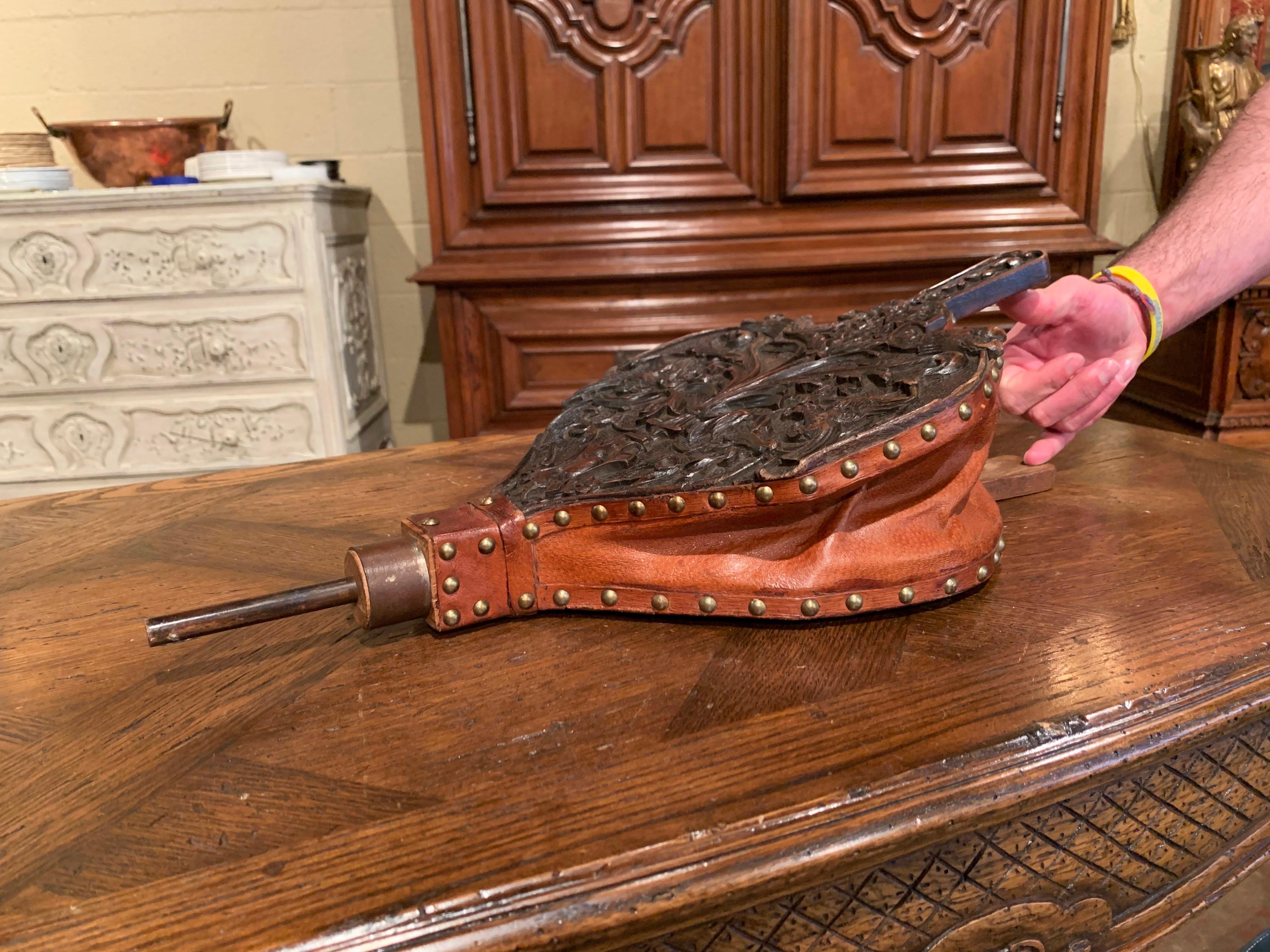 19th Century French Carved Walnut, Forged Iron and Leather Fireplace Bellows 3